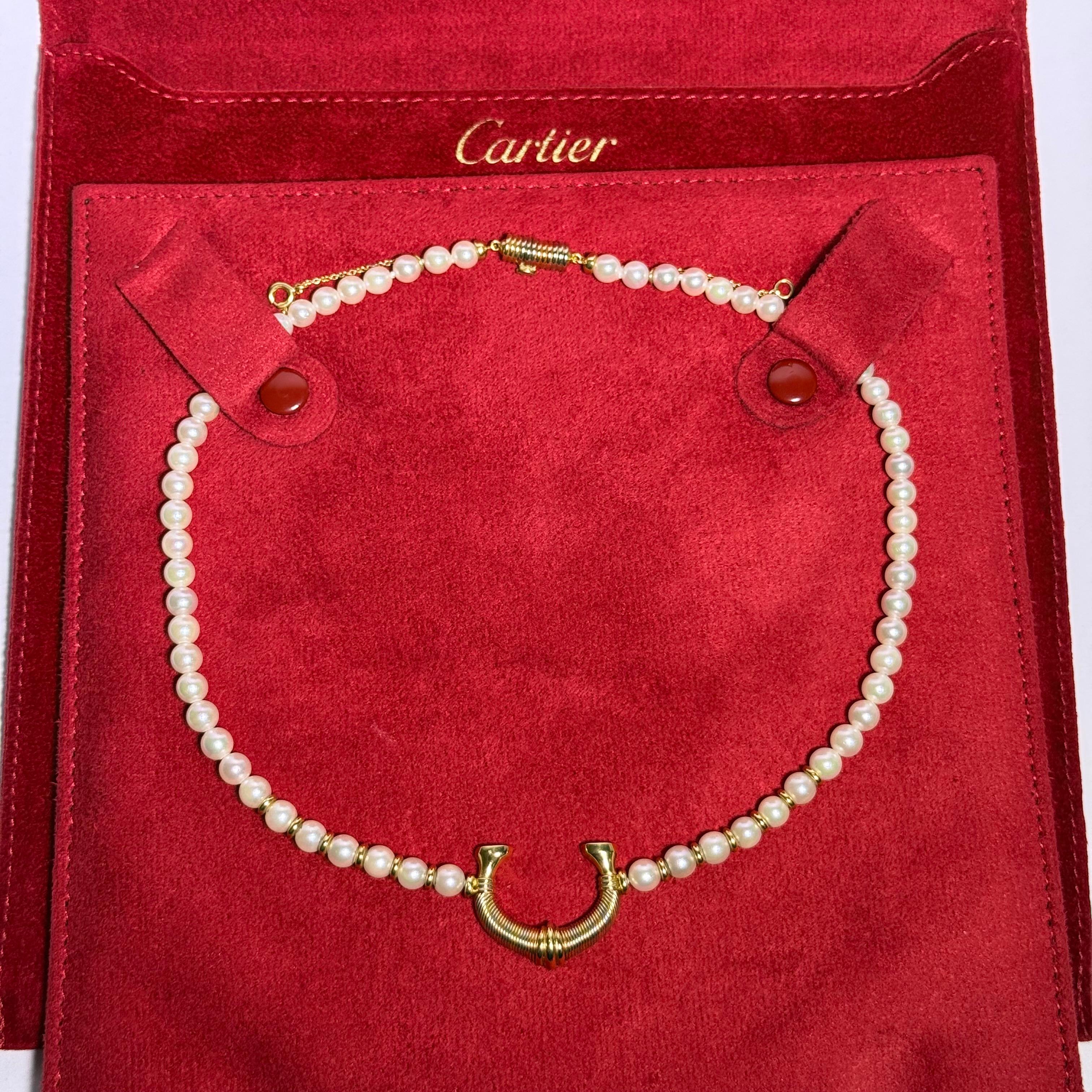Women's or Men's Cartier Iconic Horseshoe Necklace with Pearls in 18K Yellow Gold For Sale