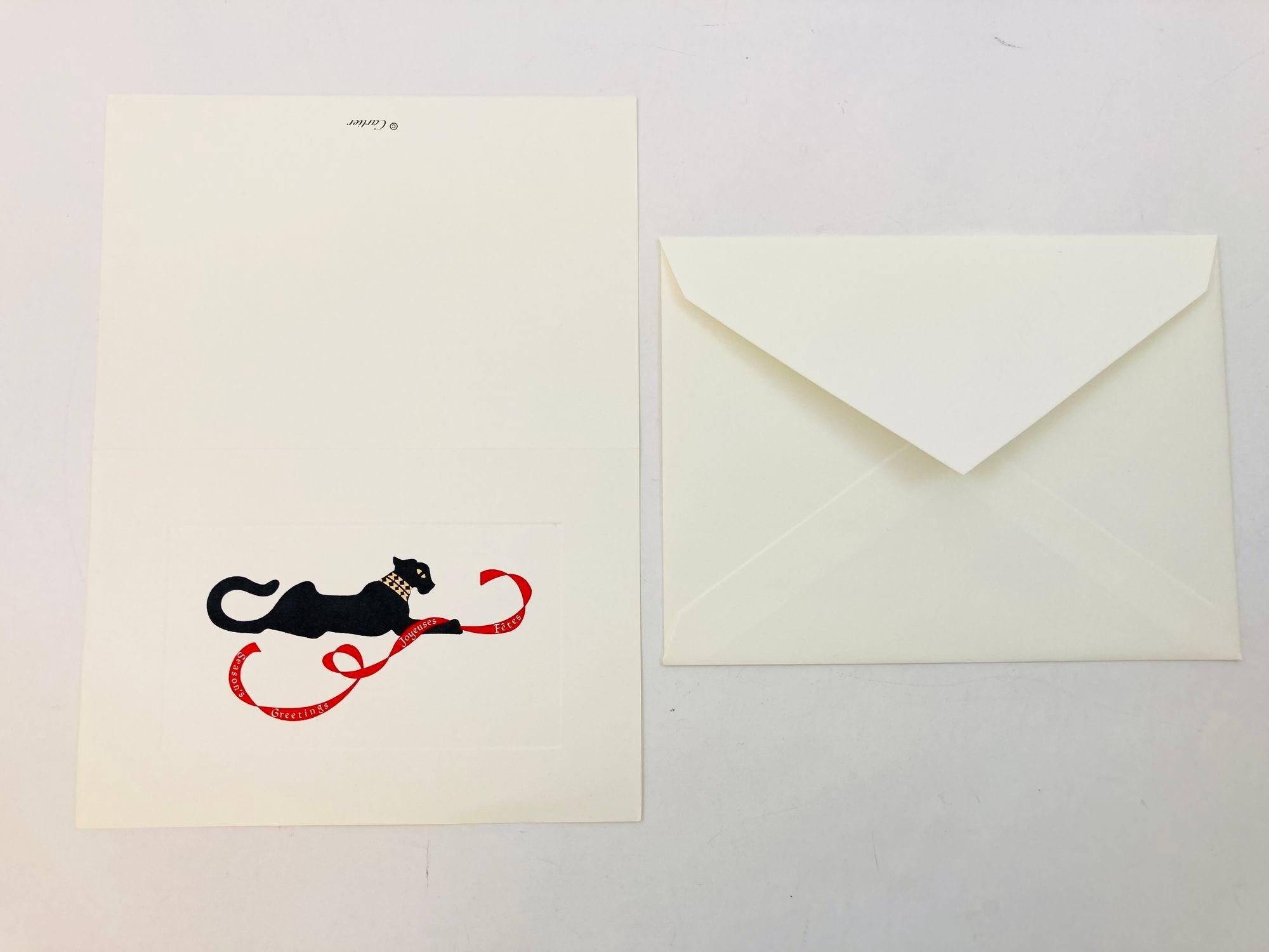 Set de cartes et d'enveloppes Cartier avec le motif emblématique de la Panthère.
Grandes cartes de vœux de Cartier, Joyeuses Fêtes.
Authentique Papeterie de luxe Cartier Lettre et Enveloppe avec l'Iconique Black Panther Design, édition limitée