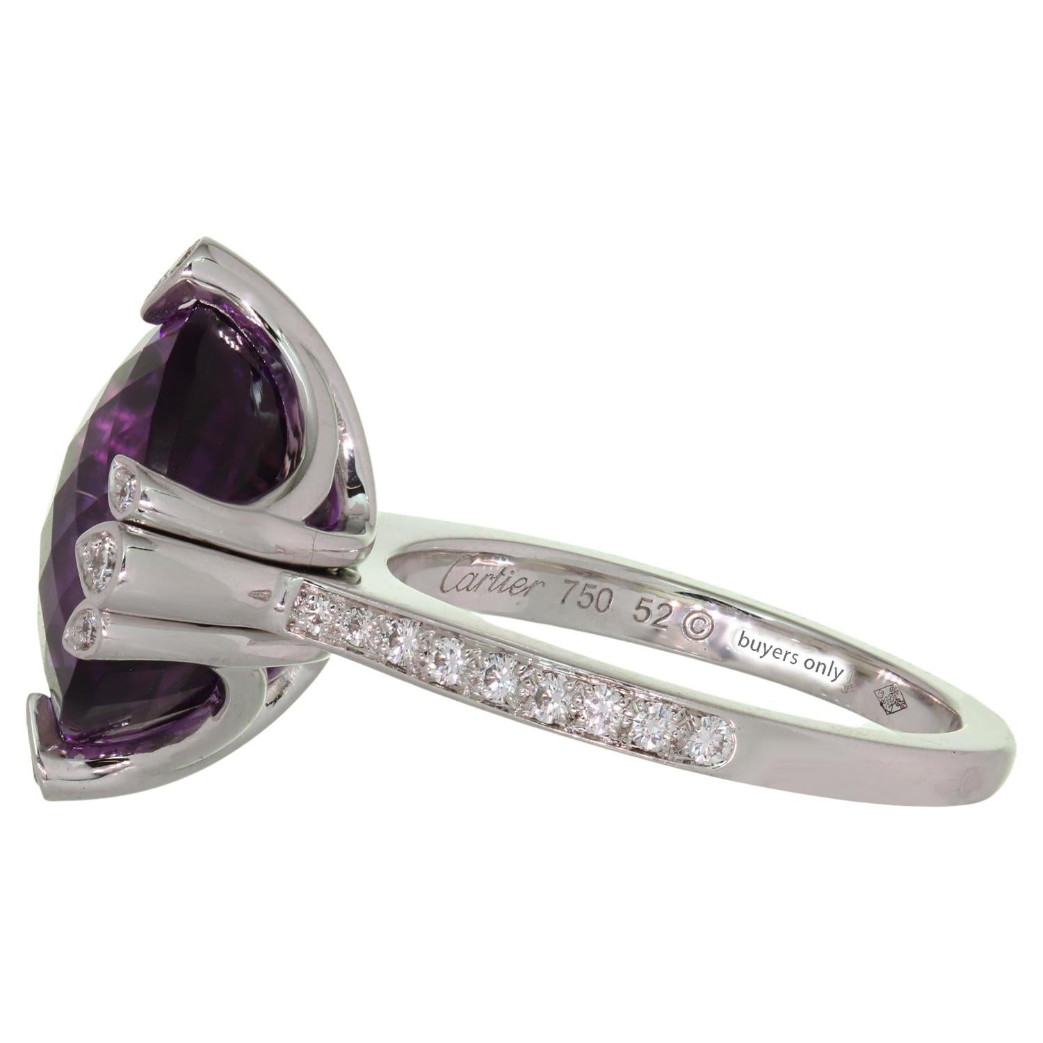 CARTIER Inde Mysterieuse Amethyst Diamond 18k White Gold Ring 52 In Excellent Condition For Sale In New York, NY