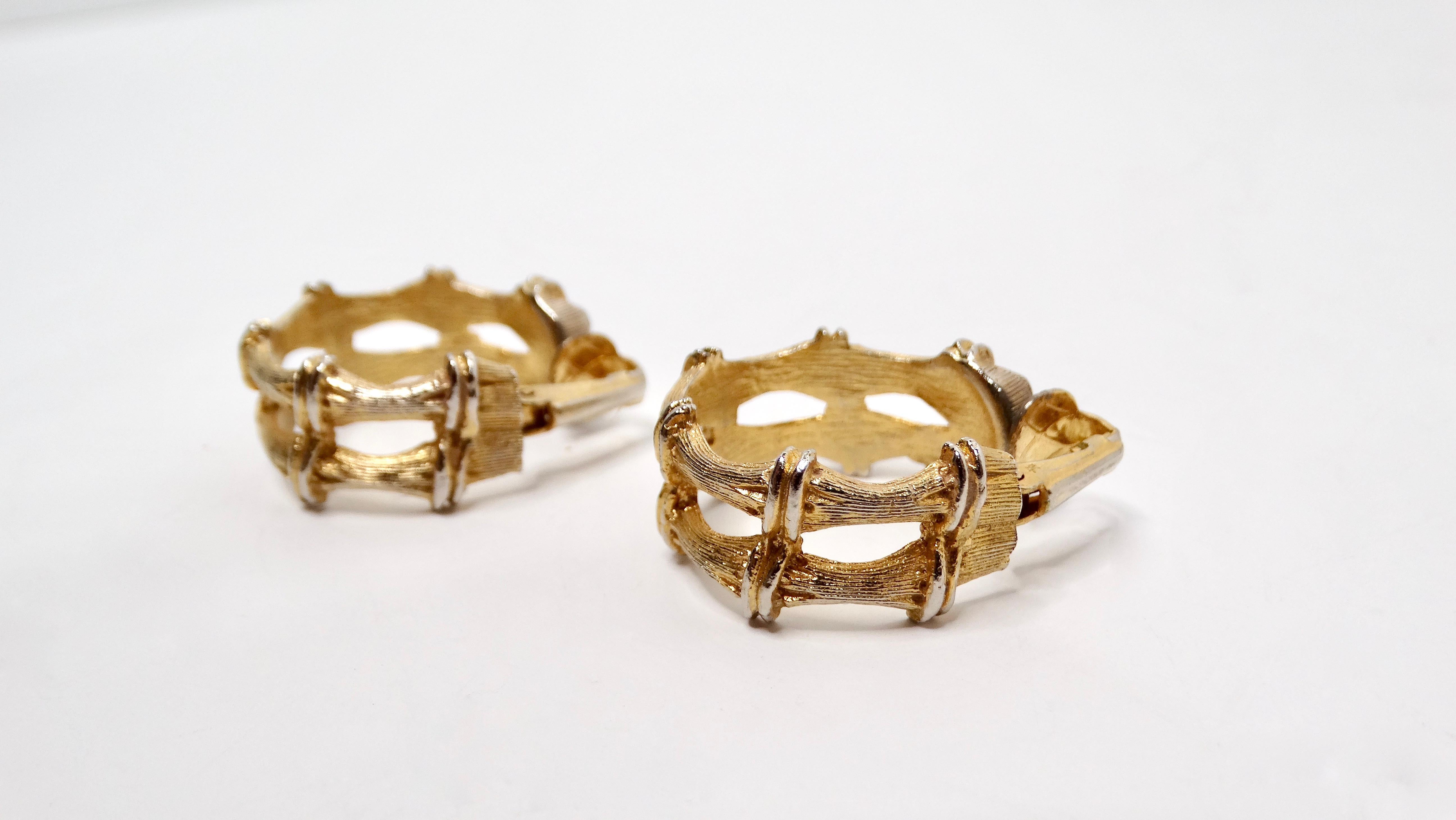 Femenino o masculino Pendientes de aro estilo bambú de dos tonos bañados en oro de 14k inspirados en Cartier en venta
