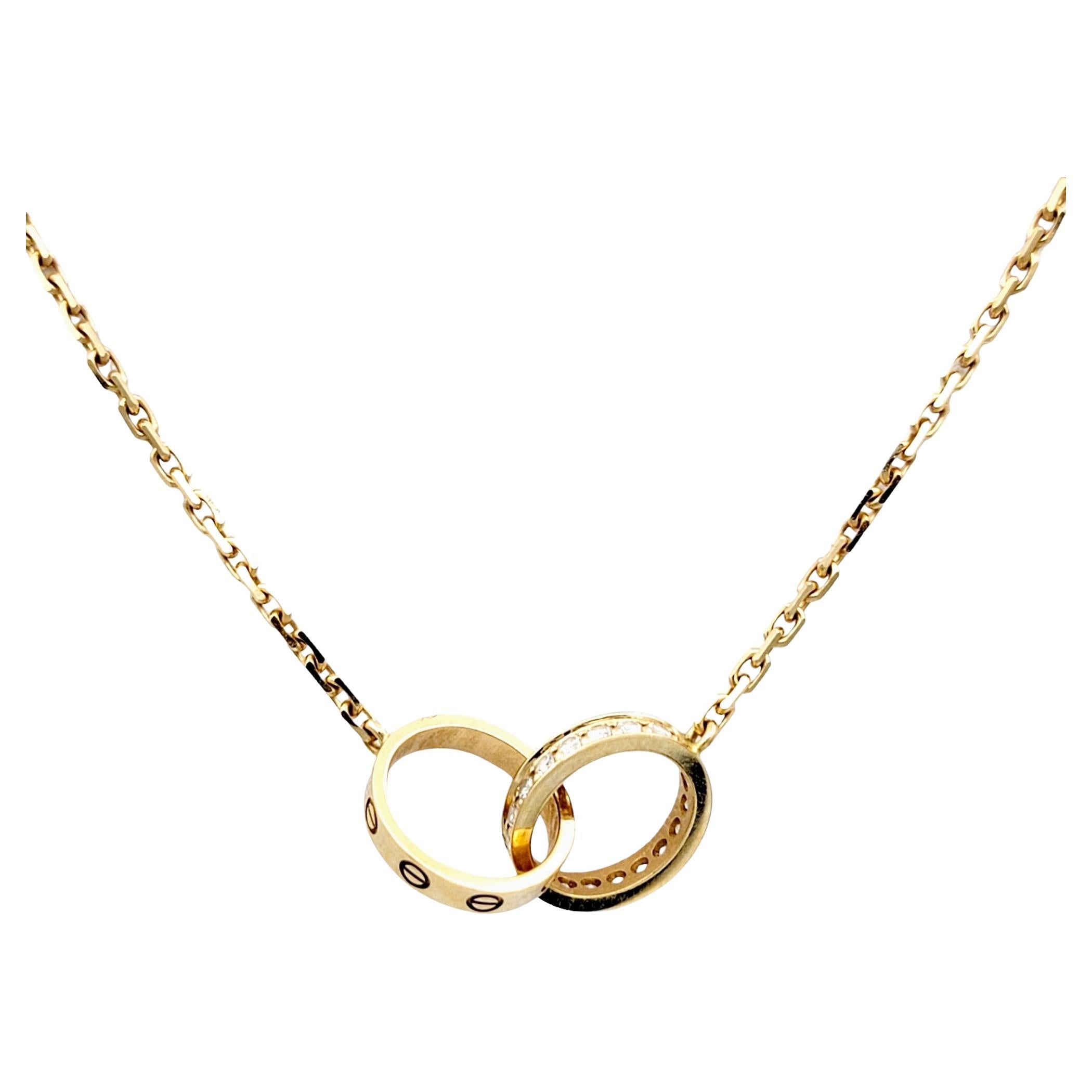 Cartier Interlocking Ring Love Necklace with Diamonds in 18 Karat Pink Gold, Box For Sale