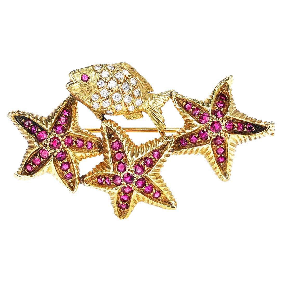 Cartier Italy Ruby and Diamond Fish and Starfish Brooch/Pin, 18k For Sale