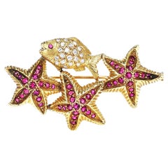 Vintage Cartier Italy Ruby and Diamond Fish and Starfish Brooch/Pin, 18k