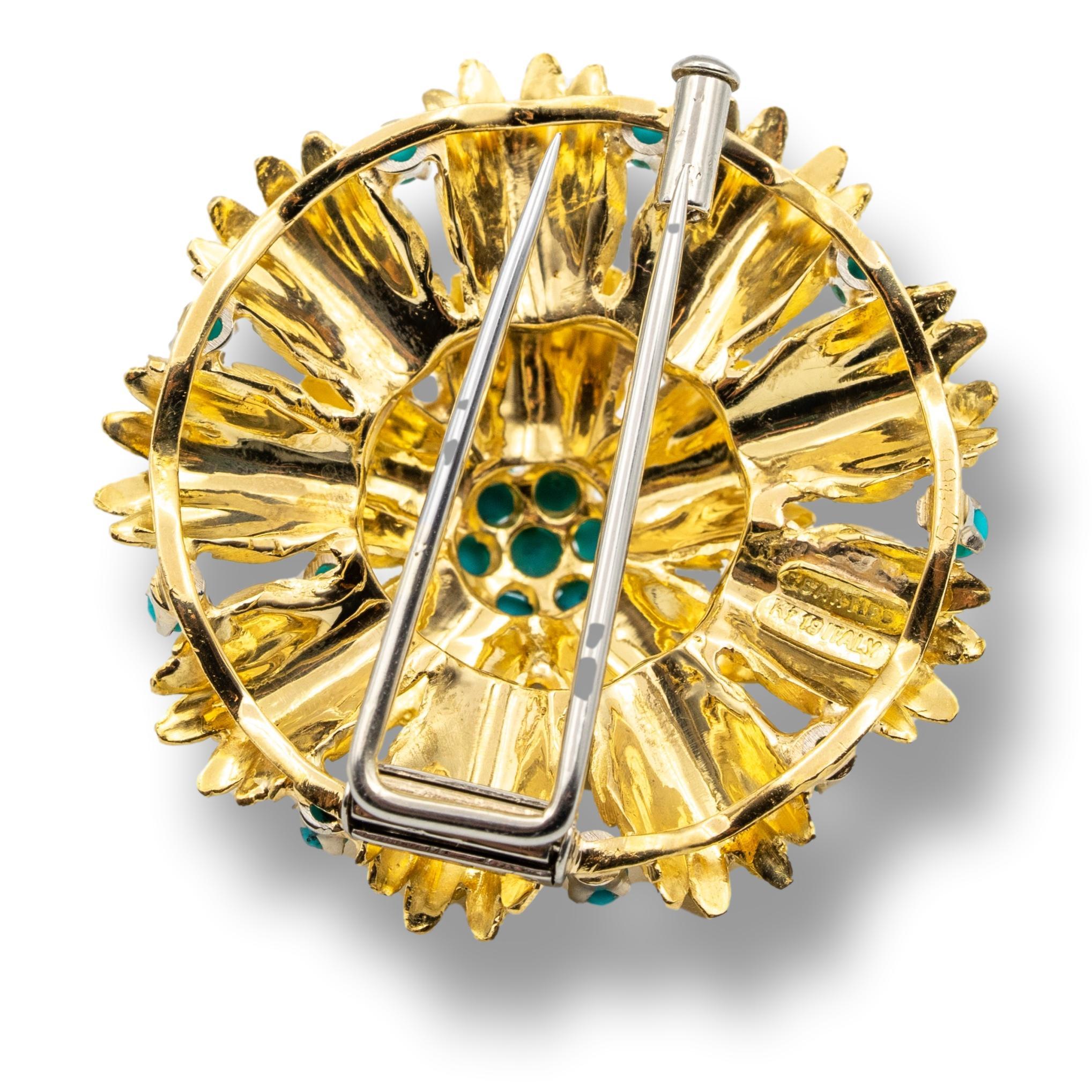 Cartier Vintage Clip-On Double Pin Brooch finely crafted in 18 karat gold with seed turquoise beads in a satin finish flower design.

Signed: Cartier Italy, no. 57466, 
Weight: 20.2 grams
Measurements: L 1.25