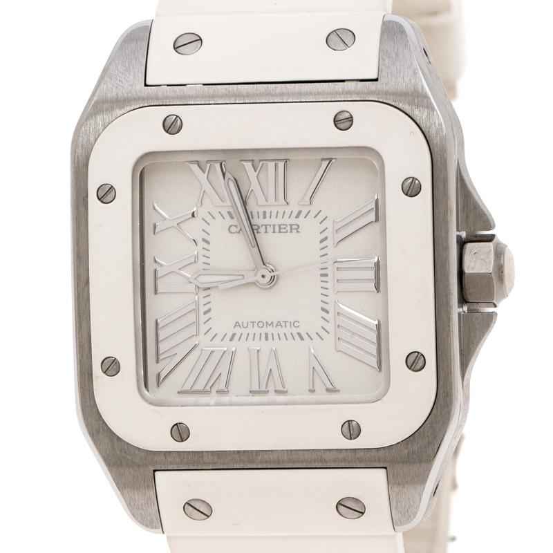 Contemporary Cartier Ivory Rubber and Stainless Steel Santos Women's Wristwatch 30MM