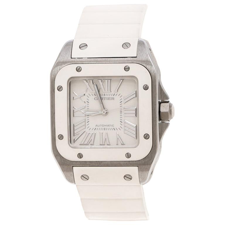 Cartier Ivory Rubber and Stainless Steel Santos Women's Wristwatch 30MM