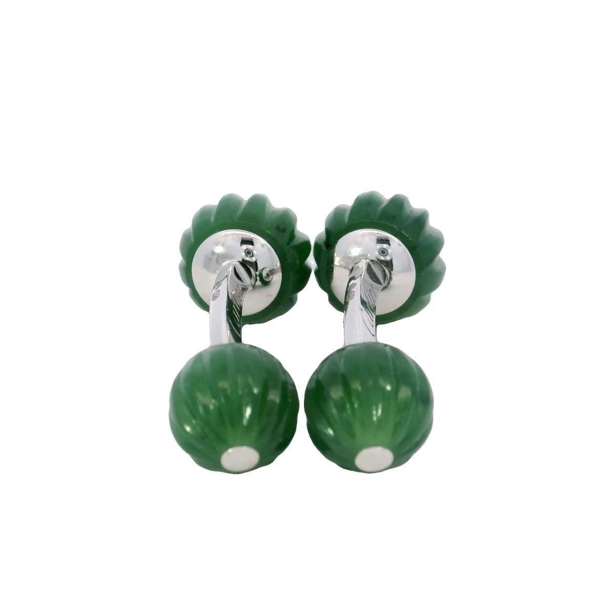Cartier Jade Bead Cufflinks Diamond Accents in 18K White Gold

These Cartier cufflinks are crafted from 18k white gold, weighing 10.7 grams, offering a refined and elegant feel. The design features smooth, spherical green jade ends, adding a touch