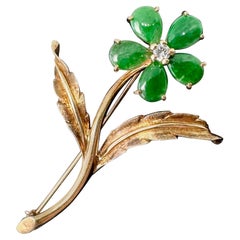 Cartier Jade Diamond Flower Brooch 14 Karat Gold Retro Antique Midcentury