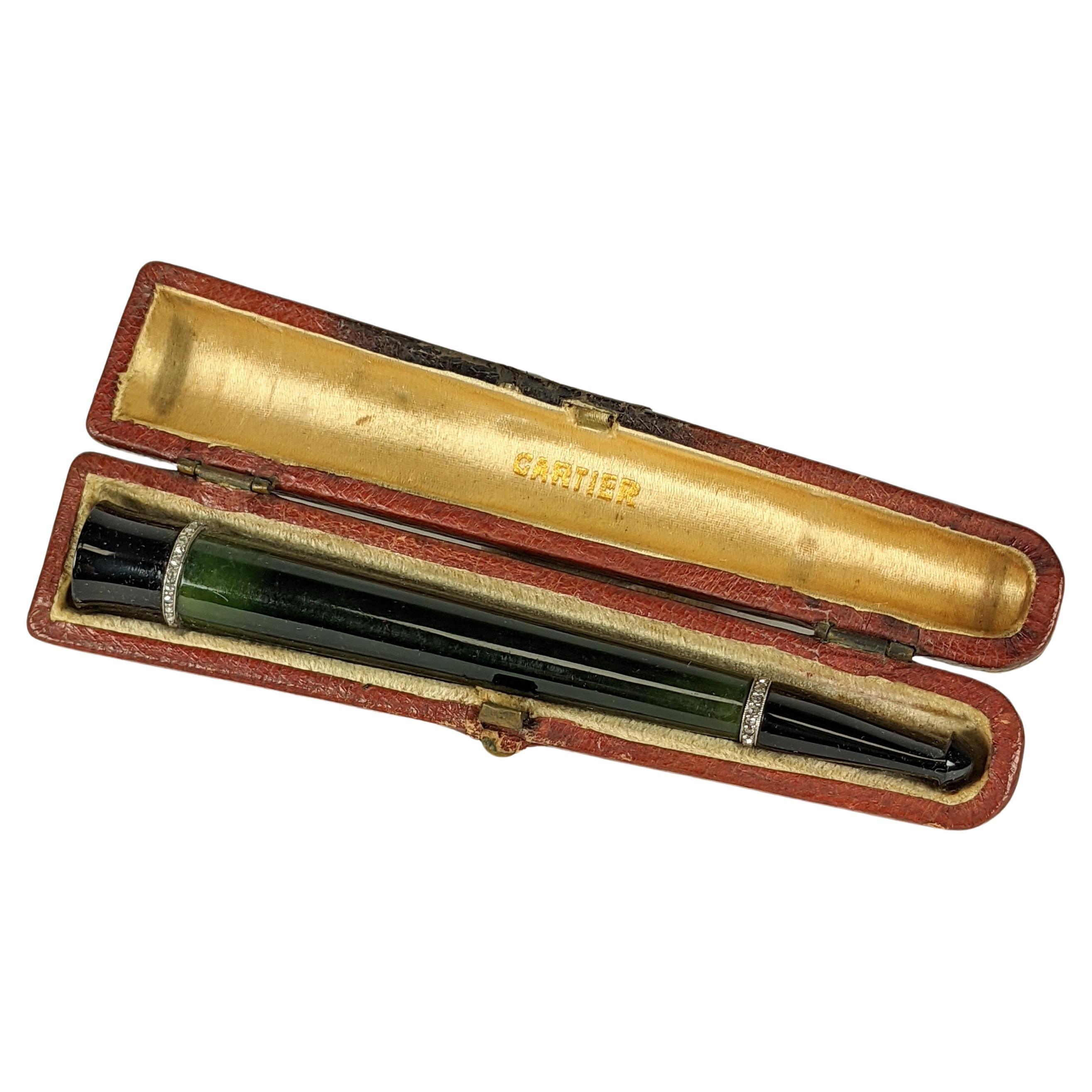 Cartier Jade, Onyx and Diamond Cigarette Holder. Original Box