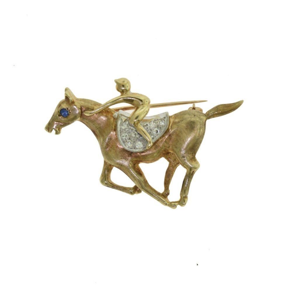 Brilliant Cut Vintage Cartier Jockey  Brooch Pin Gold and Platinum, Diamonds and Sapphires For Sale