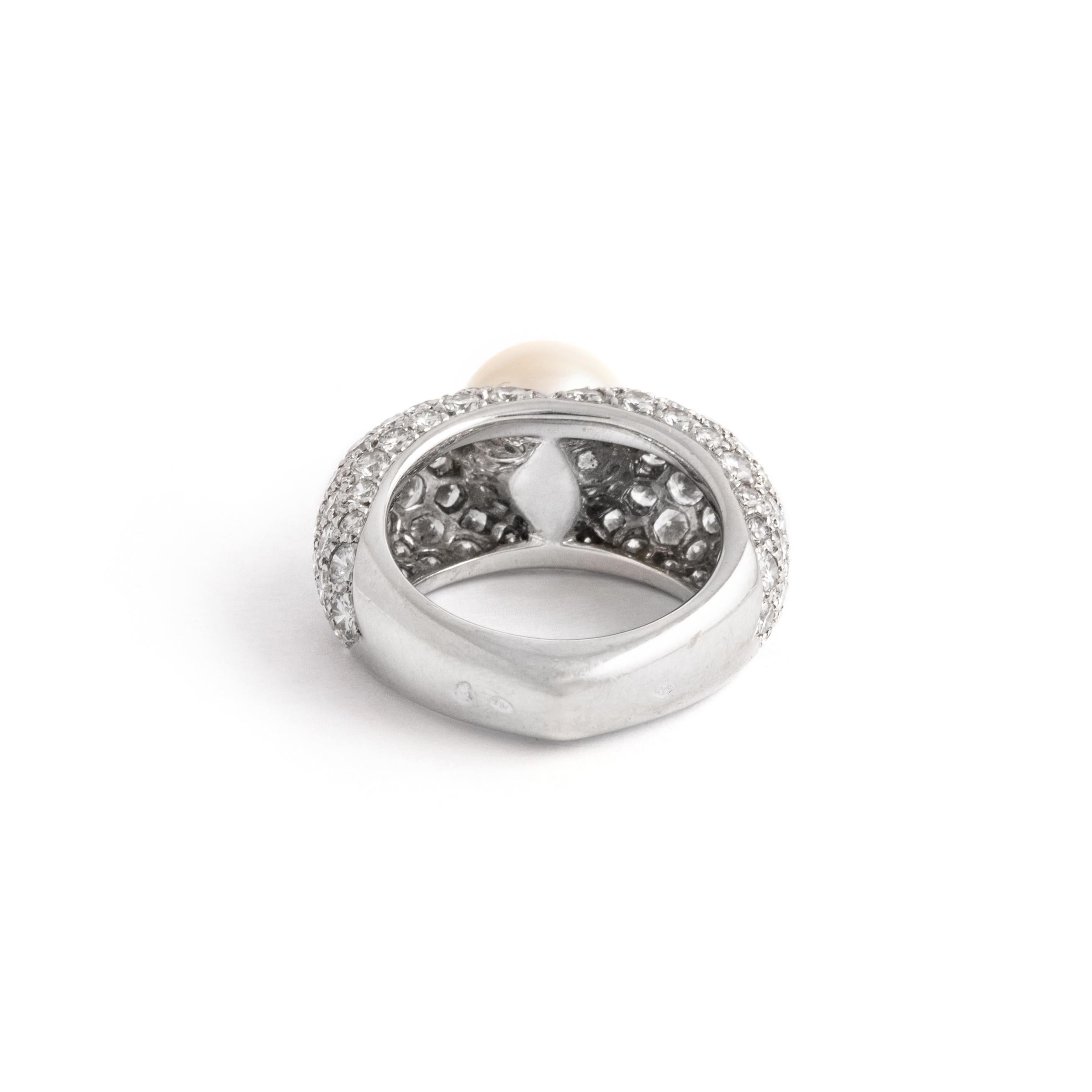 Round Cut Cartier Juliette Pearl Diamonds 18k White Gold Ring For Sale