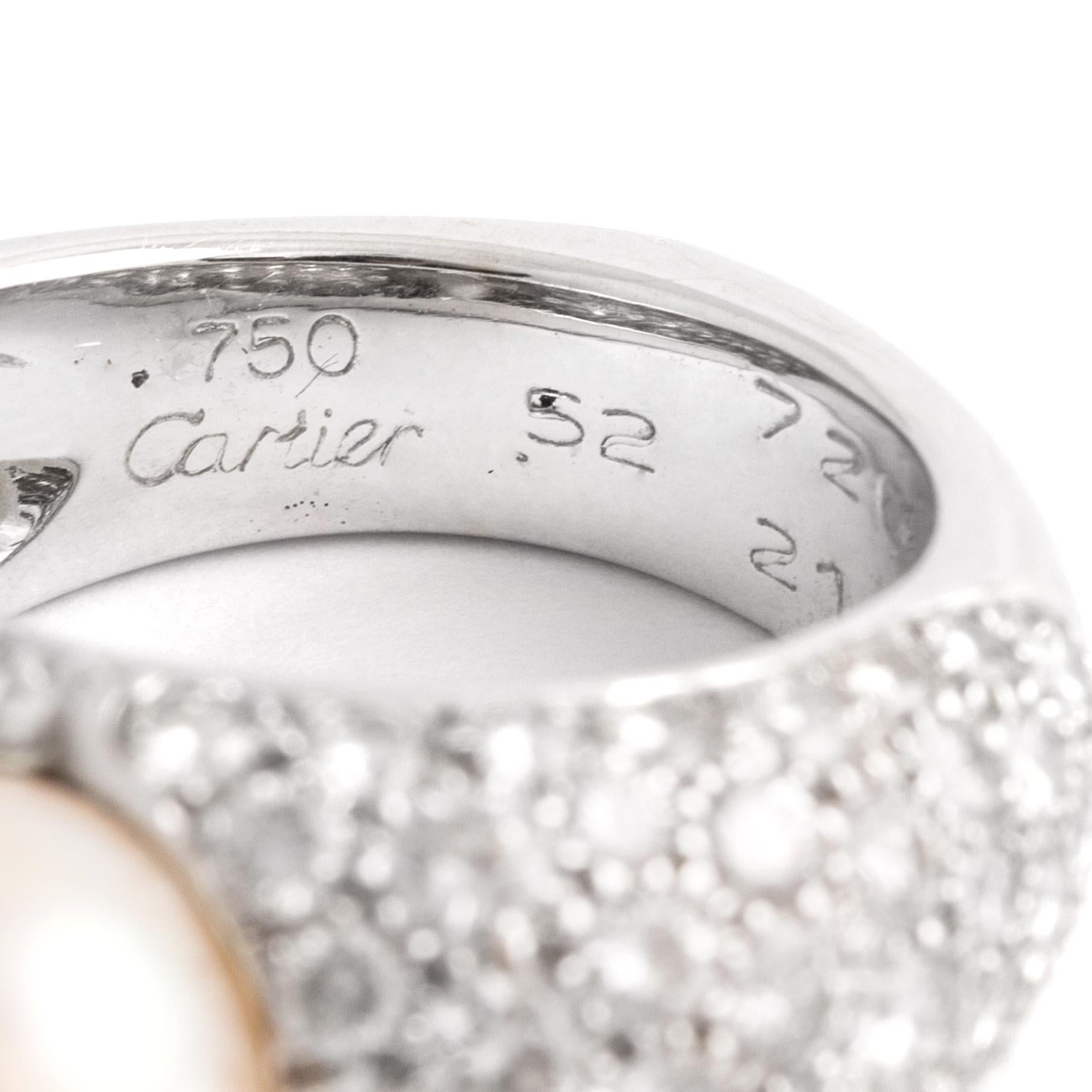 Women's or Men's Cartier Juliette Pearl Diamonds 18k White Gold Ring For Sale