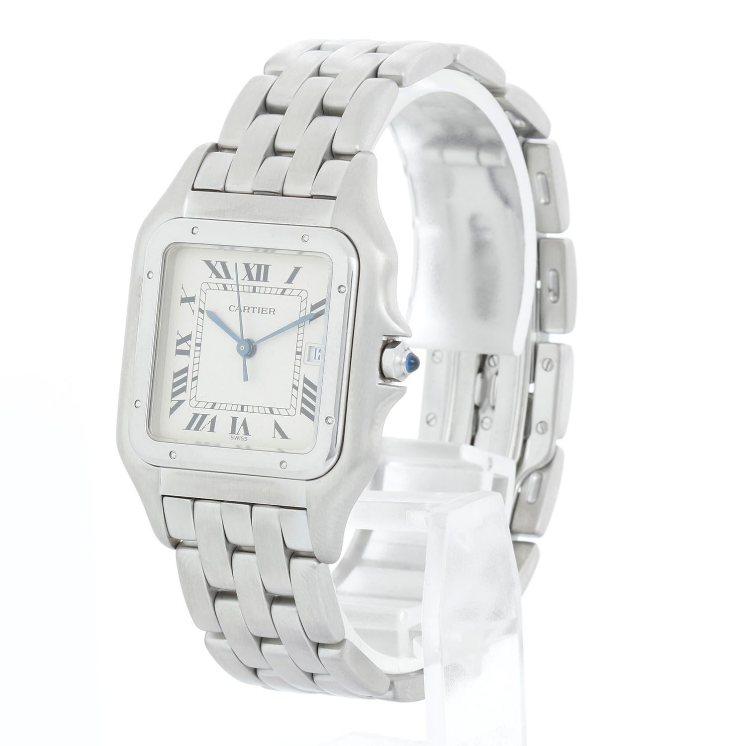 Cartier Jumbo Panther Stainless Steel Men's Quartz Watch with Date W25032P5 - Quartz. Stainless Steel (29mm x 40mm). Silver colored dial with black Roman numerals and date at 3 o'clock. Stainless Steel  Panther bracelet with deployant clasp; will