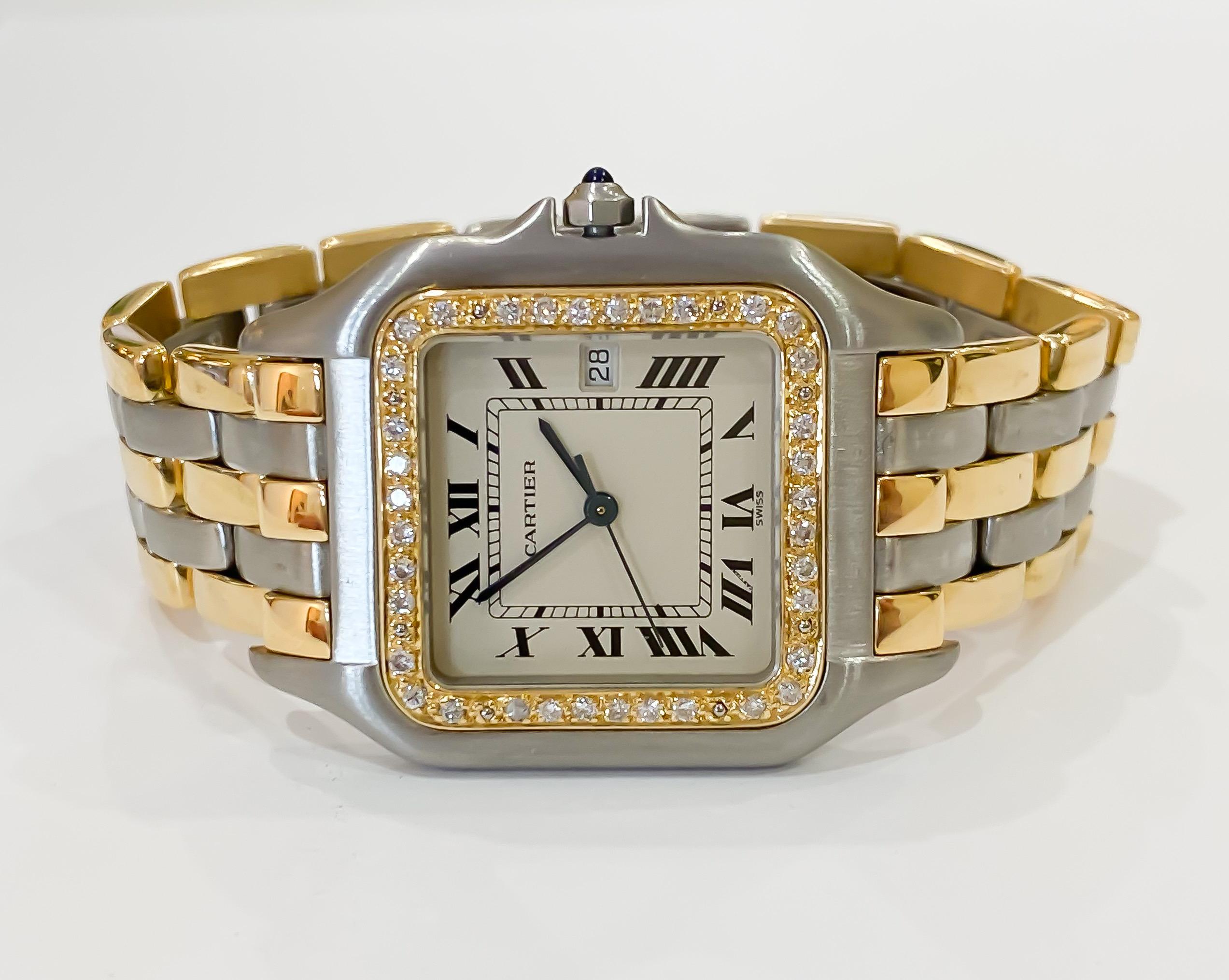 Cartier Jumbo Panthere Three Row Steel & 18K Yellow Gold Diamond Bezel w/Date

•SERIAL NO: 1879** ***** (EDITED IN PICTURES)
•MOVEMENT: BATTERY QUARTZ
•CASE MATERIAL: STAINLESS STEEL & 18 KARAT YELLOW GOLD
•CONDITION: LIKE NEW EXCELLENT