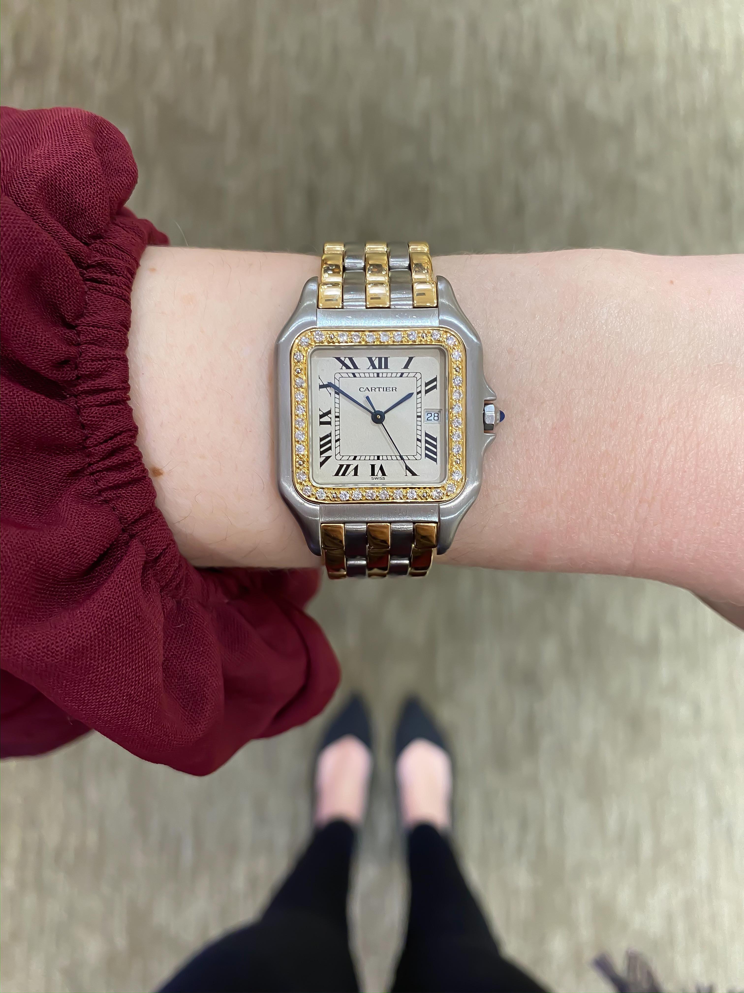 Cartier Jumbo Panthere Three-Row Steel and 18 Karat Gold Diamond Bezel with Date In Excellent Condition In Carmel-by-the-Sea, CA