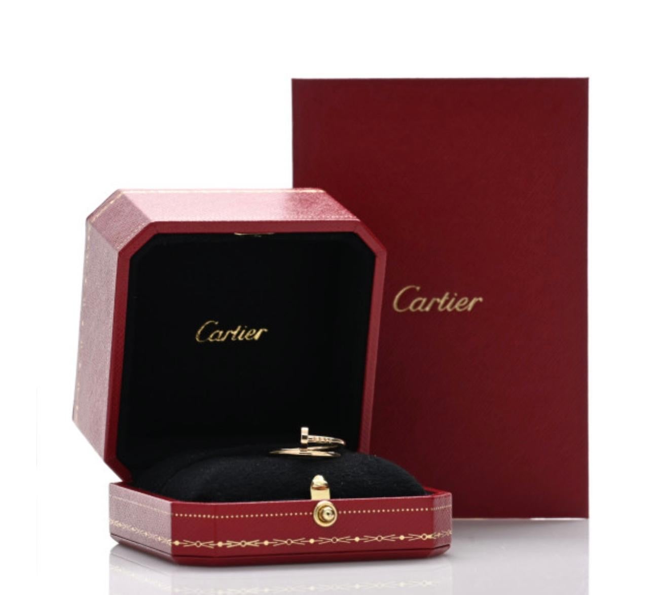 CARTIER
18K Yellow Gold Juste Un Clou Ring 46
comes with original box and Guarantee Certificate
18 Karat Yellow Gold Weight 3.2GM  
Yellow Gold
Serial # SYZ313
Ring Size 46, US 4.5
Used excellent  condition
Authenticity and money back is