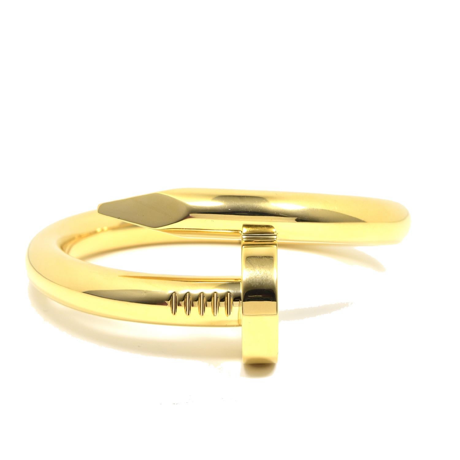 Designer: Cartier 

Collection: Juste Un Clou 

Metal: Yellow Gold 

Metal Purity: 18k

Model Size: Large 

Bracelet Size: 16

Total Item Weigh(Grams)t: 84.8 g

Hallmark: Cartier; 16; Serial No.; AU750

Estimate Retail: $37,700 excluding