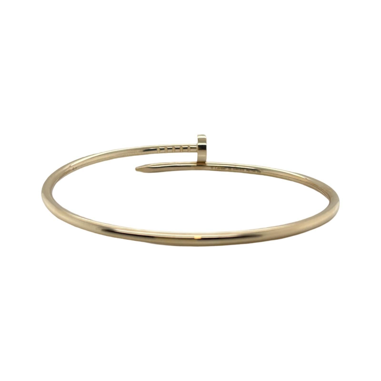 The Cartier Thin Juste un Clou bracelet is a sleek, minimalist design inspired by the shape of a nail. With a slimmer profile than the classic model, it offers an elegant, refined look. Crafted from 18k yellow gold, its open-ended design ensures