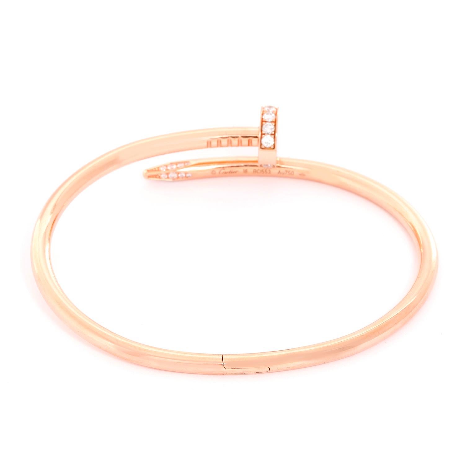 Cartier Juste un Clou 18k Pink Gold and Pave Diamond Bracelet Size 18 - This bracelet is a part of the Juste un Clou Collection and features pave diamonds set in 18k pink gold. Signed Cartier 18 BCI553  Au750. Size 18. Total weight is 31.0 grams.