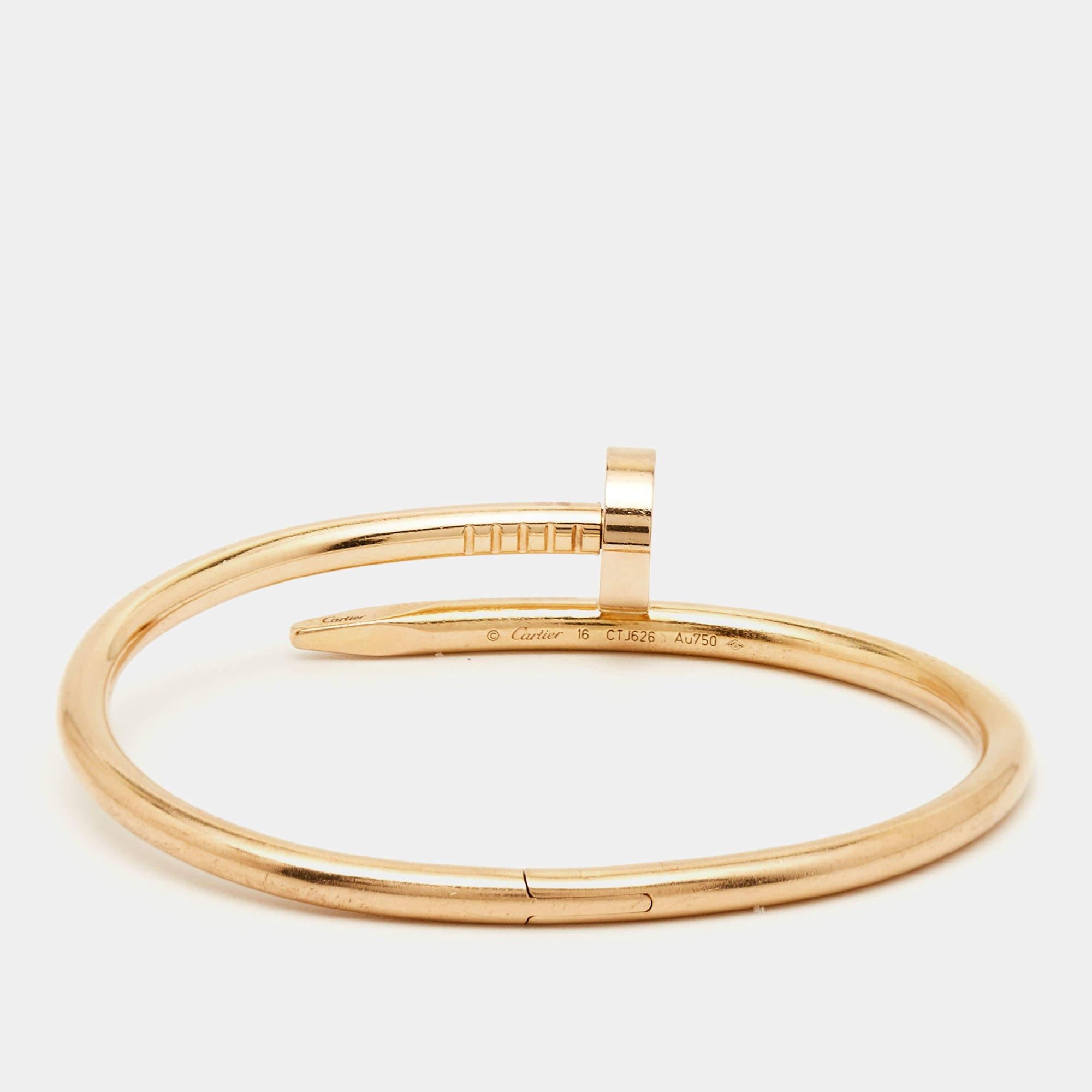 The Cartier Juste Un Clou bracelet is an iconic and luxurious piece of jewelry. Crafted from gleaming 18k rose gold, its sleek and minimalist design captures the essence of a nail transformed into an elegant and distinctive fashion statement.

