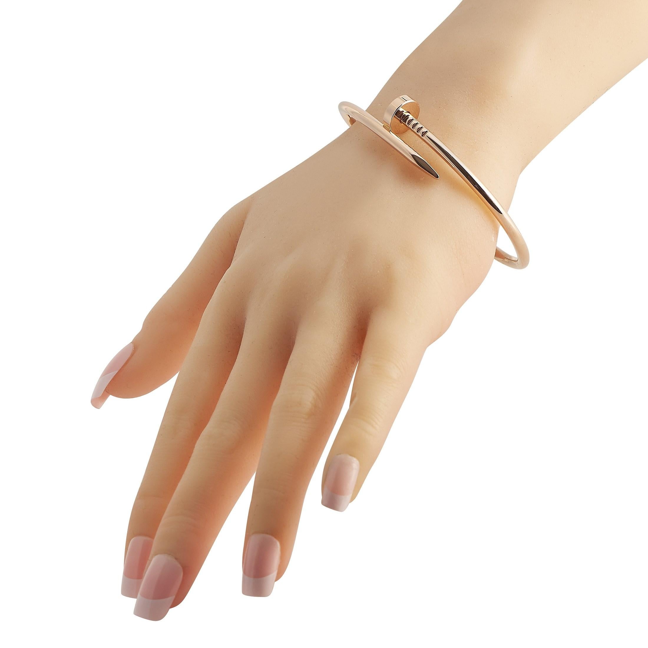 An iconic nail-shaped silhouette makes this 18K Rose Gold Cartier Juste Un Clou bracelet an instantly recognizable luxury piece. The classic, minimalist design is size 19 and measures 7.5” long.

This jewelry piece is offered in estate condition and