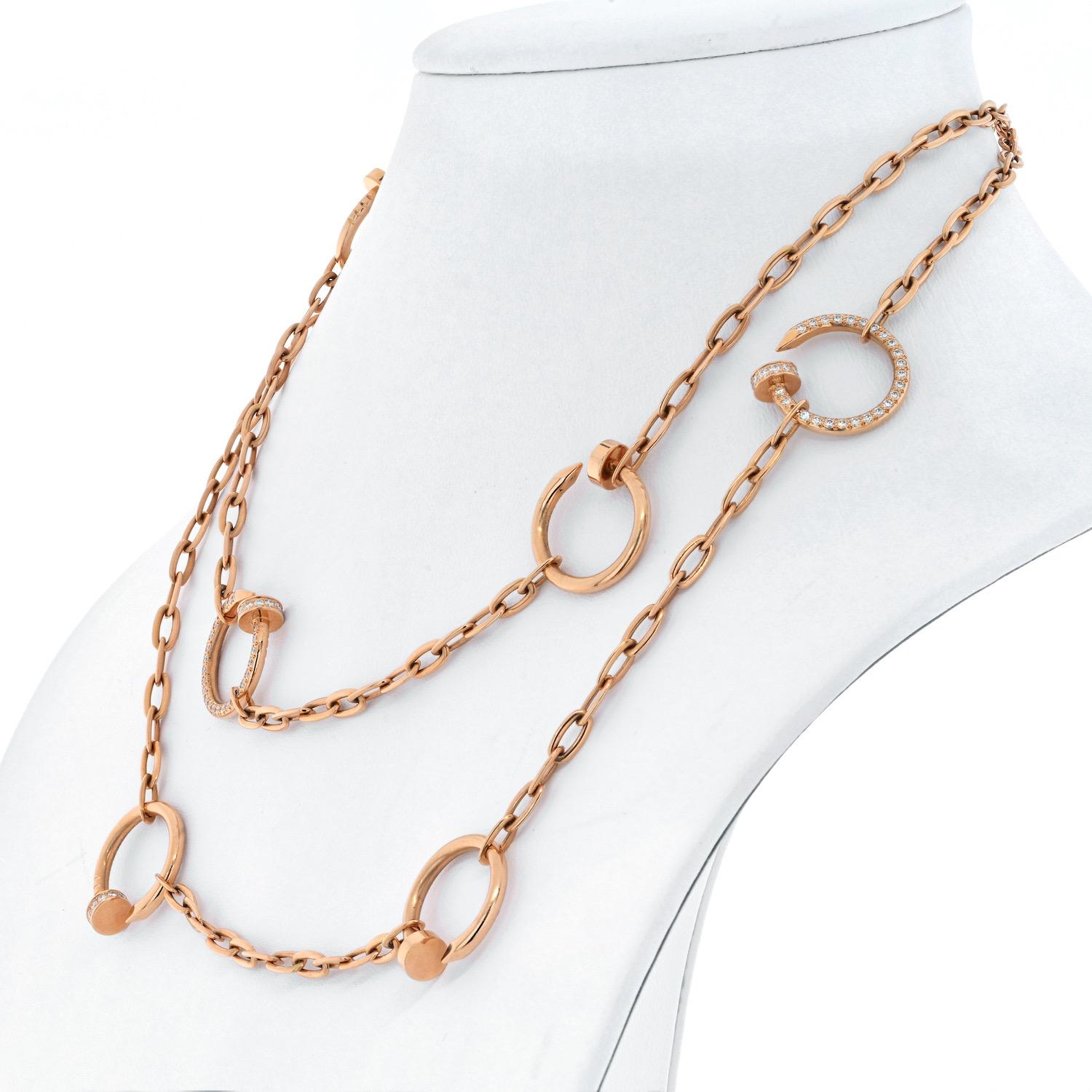 18k Rose Gold And Diamond Juste un Clou Long Necklace by Cartier.
With 111 Round brilliant cut diamonds VVS1 clarity E color total weight approx. 1.19ct
Length: 35 inches.
Width: 4mm
Nails: approx. 20mm x 19mm
Weight: 44.4 grams
Stamped Hallmarks: