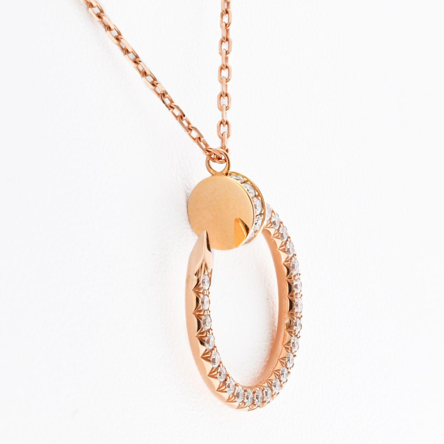 Cartier Juste Un Clou 18K Rose Gold Juste Un Clou Pave Diamond Pendant Necklace.
Delicate Juste Un Clou diamond pendant on a chain. Elegant and feminine this pendant by Cartier makes a perfect gift for someone young and flirty. Excellent condition,