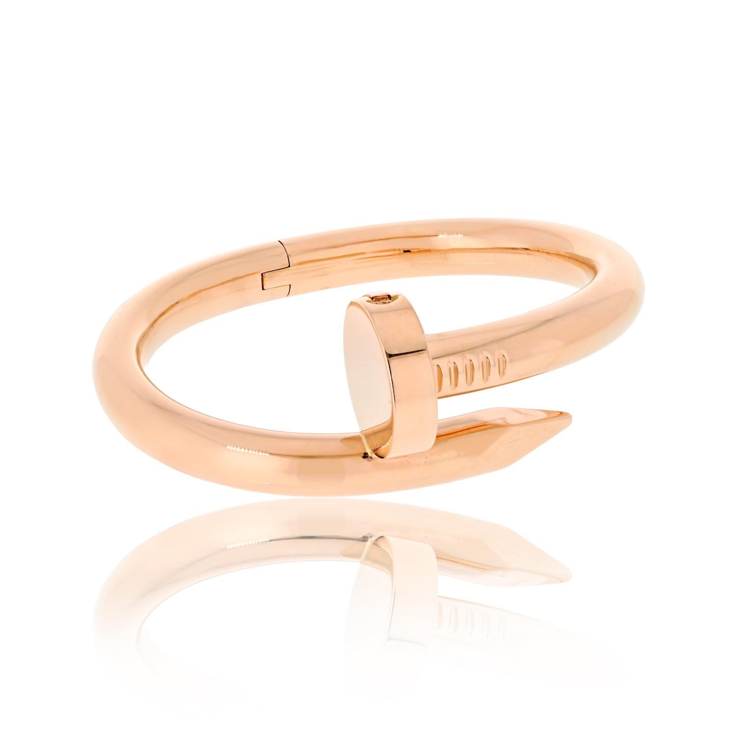 Cartier Juste Un Clou 18K Rose Gold Large Model Size 18 Bracelet.

This magnificent Juste Un Clou bracelet, rendered in exquisite rose gold, is offered in a size 18 to adorn your wrist beautifully. Maintained in excellent condition, this piece is a