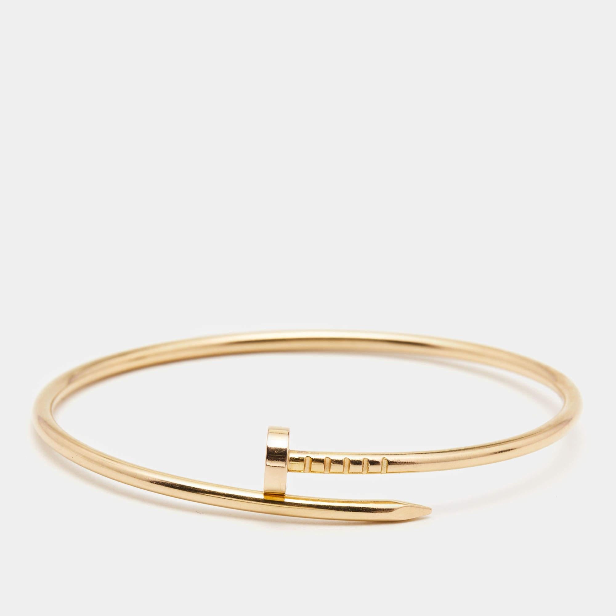 The Cartier Juste Un Clou bracelet is a stunning jewelry piece that epitomizes modern luxury. Crafted from exquisite 18k rose gold, this bracelet features a sleek and minimalist nail design, paying homage to the iconic Cartier nail bracelet. Its