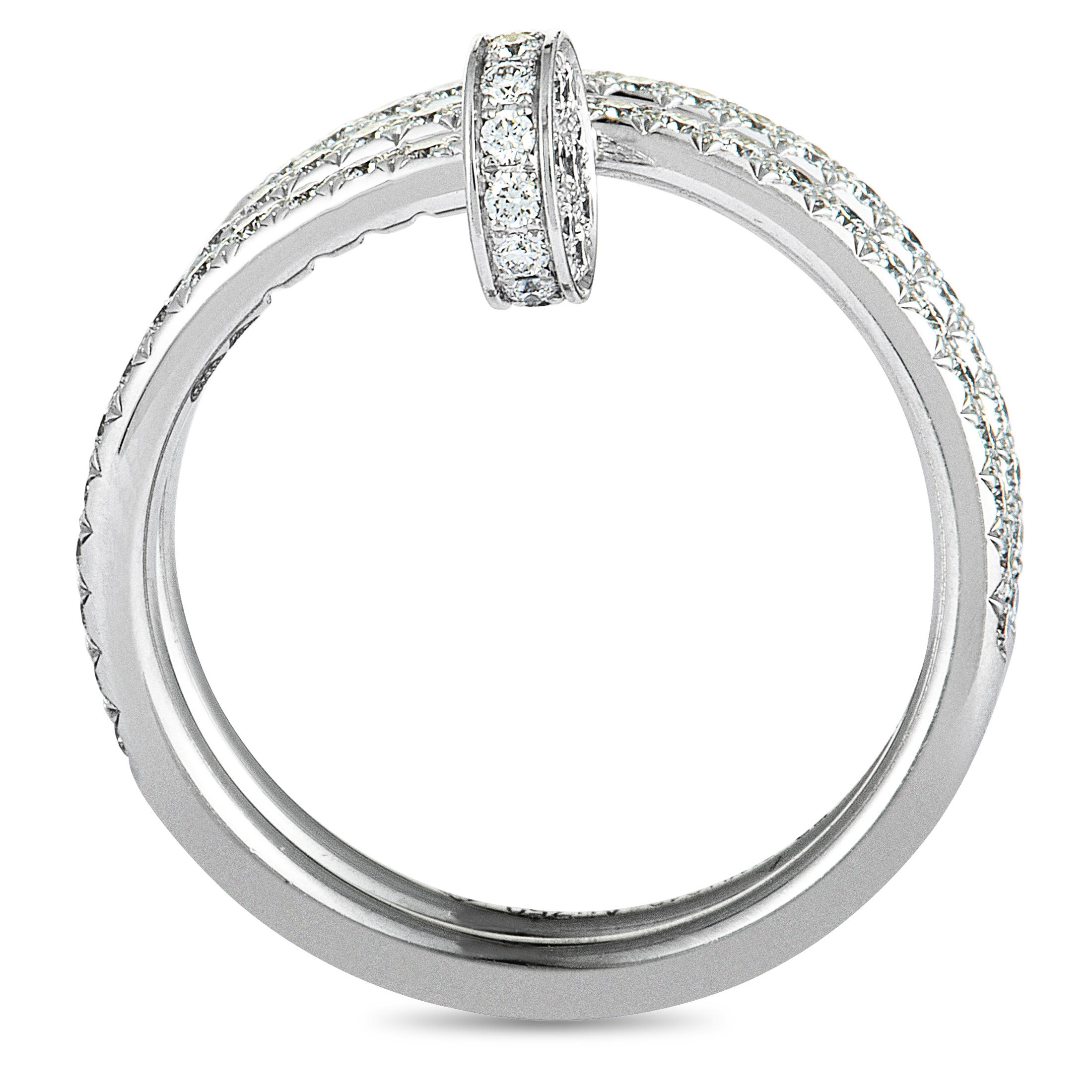 This luxurious ring is presented within the renowned “Juste un Clou” collection by Cartier and it takes the form of a long nail that elegantly hugs your finger. The ring is made of 18K white gold and it is embellished with scintillating diamonds