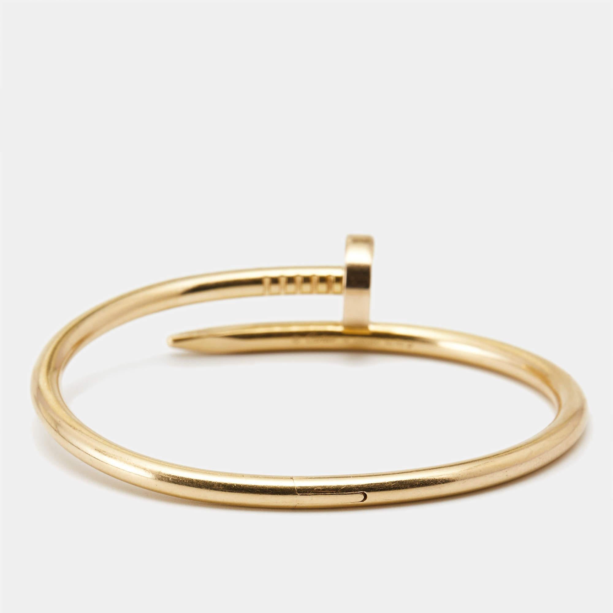 The Cartier Juste Un Clou bracelet is an iconic jewelry piece characterized by a nail-shaped design, crafted from luxurious 18k yellow gold. It blends modern elegance with timeless craftsmanship, creating a bold and sophisticated adornment for the