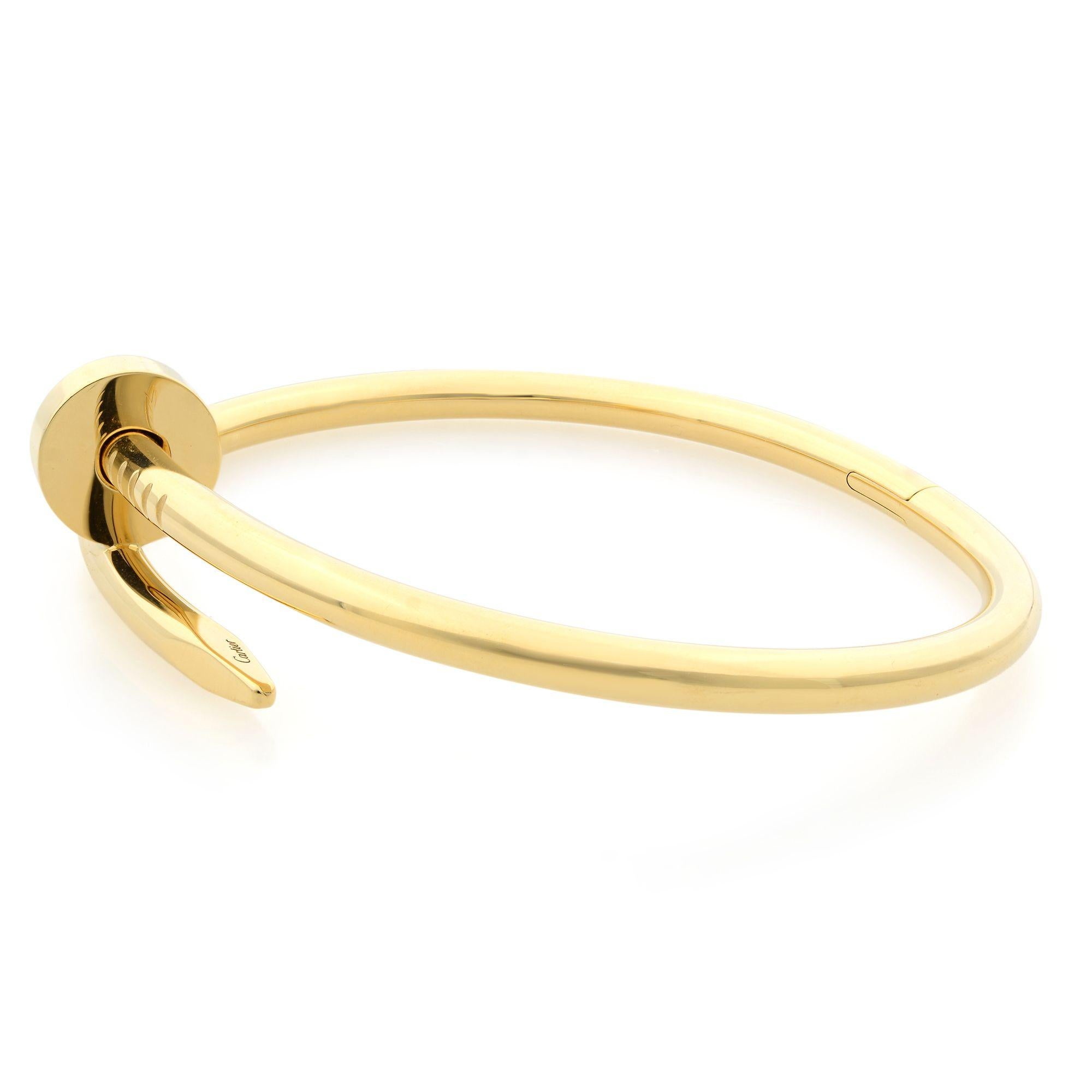 Cartier Juste un Clou bracelet, classic, 18K yellow gold. Width: 3.5mm. Size 17.
Unworn condition, shows no sign of wear. Comes with original box and papers. 

ABOUT THE COLLECTION:
