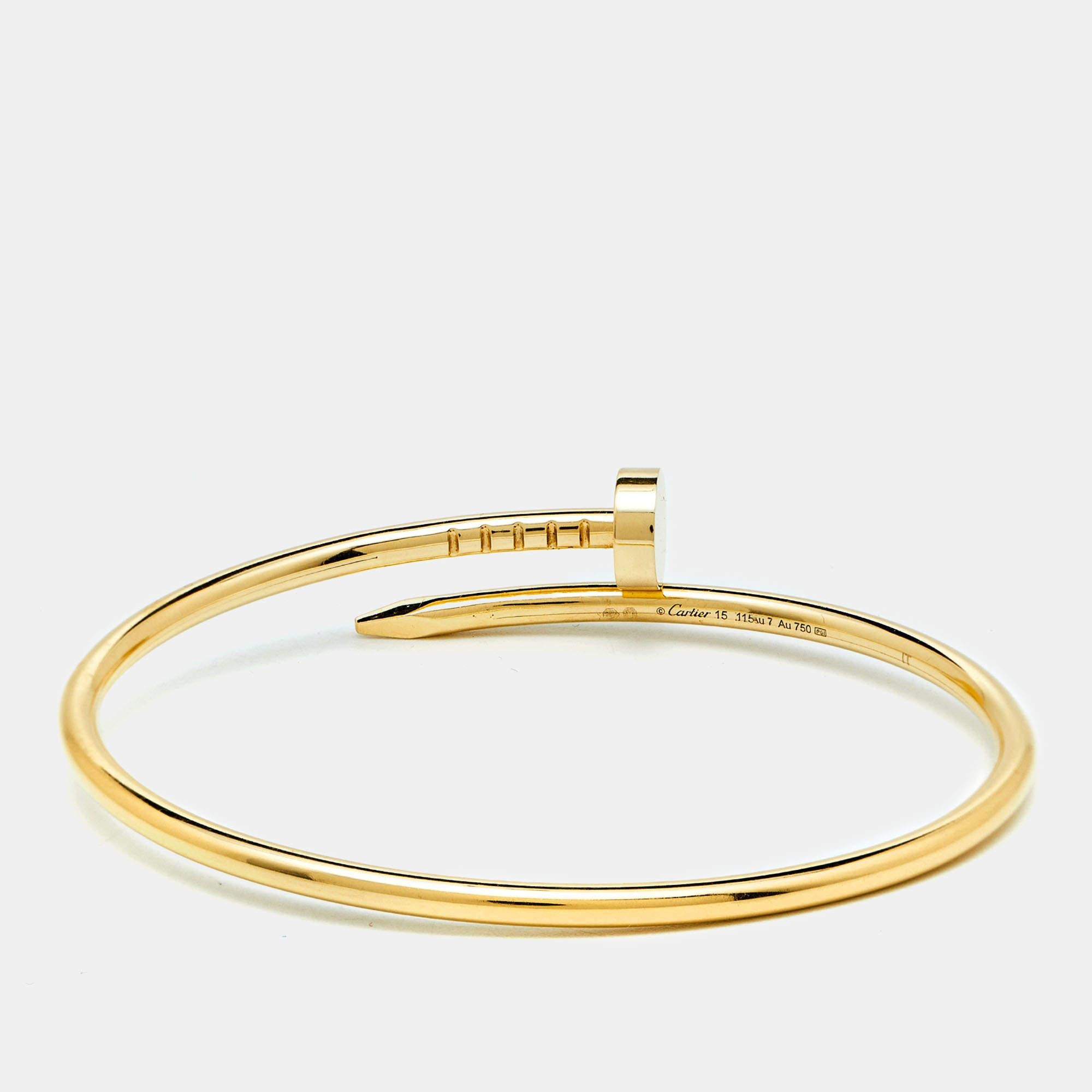 Das Armband Juste Un Clou von Cartier ist ein ikonisches Schmuckstück mit einem von Nägeln inspirierten Design. Das aus luxuriösem 18-karätigem Gelbgold gefertigte Armband verbindet Kühnheit und Eleganz nahtlos miteinander und macht es zu einem