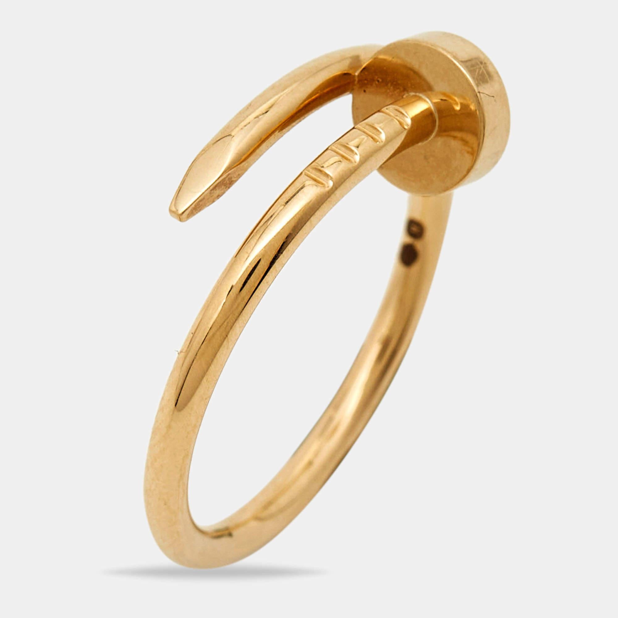 The Cartier Juste Un Clou ring is an iconic and luxurious piece of jewelry. Crafted from gleaming 18k yellow gold, its sleek and minimalist design captures the essence of a nail transformed into an elegant and distinctive fashion