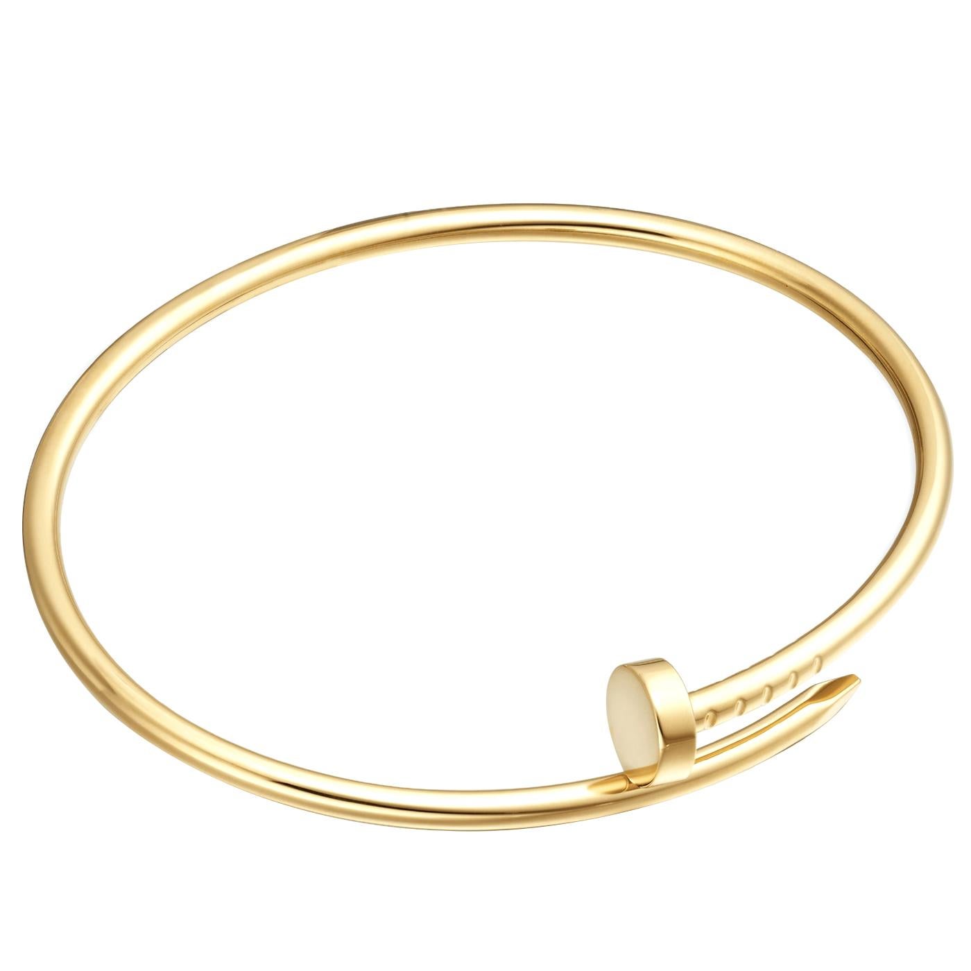 Juste un Clou bracelet, small model, 18K yellow gold (750/1000). Width: 2.5 mm (for size 16).

Details:
Brand: Cartier
Type: Juste un Clou Bracelet
Material: 18K Yellow Gold
Size: 16
Theme: Romantic, Love
Condition: New
Occasion: Anniversary,