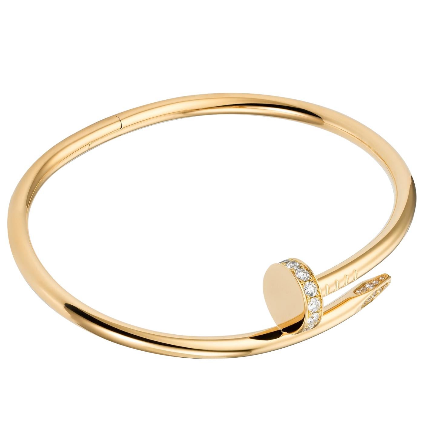 Juste un Clou bracelet, classic, 18K yellow gold (750/1000), set with 32 brilliant-cut diamonds totaling 0.58 carat. Width: 3.5 mm (for size 17).

Details:
Brand: Cartier
Type: juste un clou Necklace
Material: 18K Yellow Gold (750/1000)
Diamond