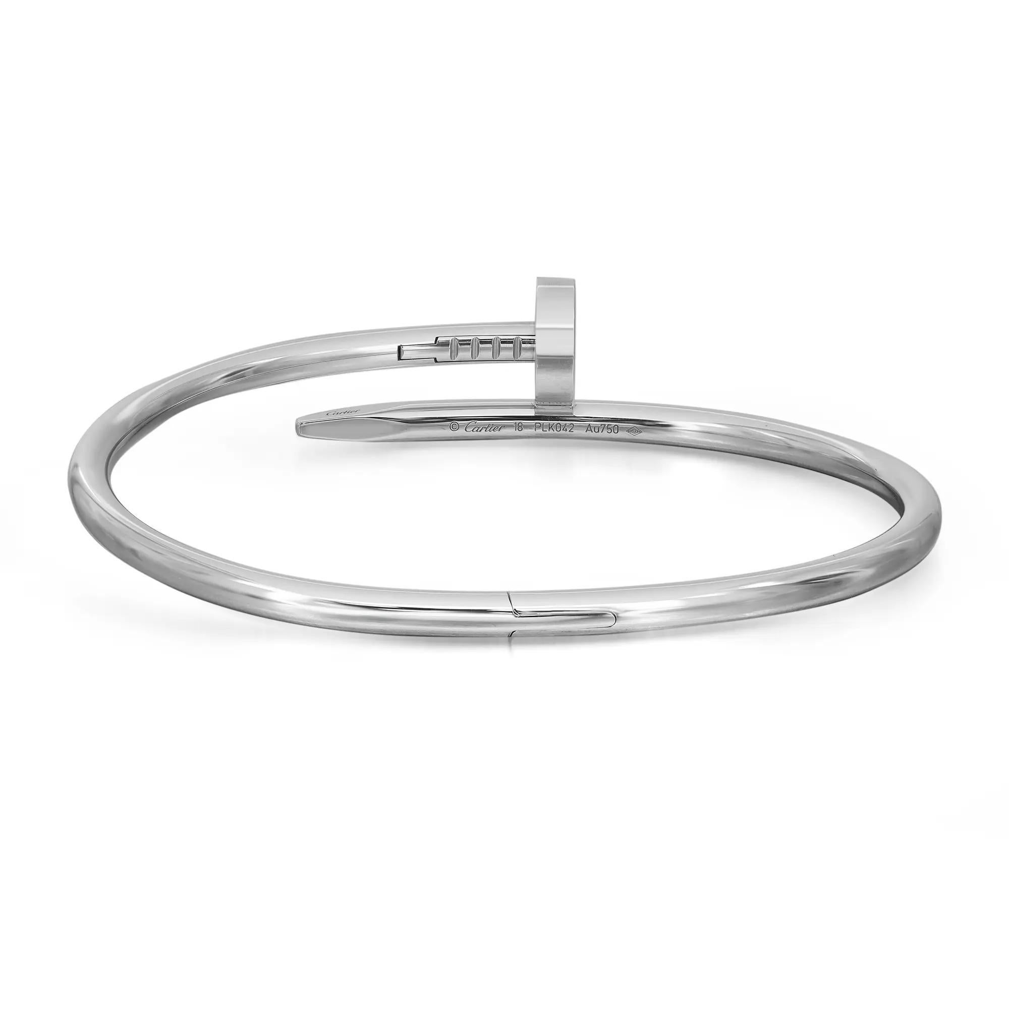 Cartier Juste un Clou bracelet, classic, 18K white gold, rhodium finish. Size 18. Width: 3.5mm. Total weight: 36.04 grams. Excellent pre-owned condition, gently used. Comes with the original box and certificate. 