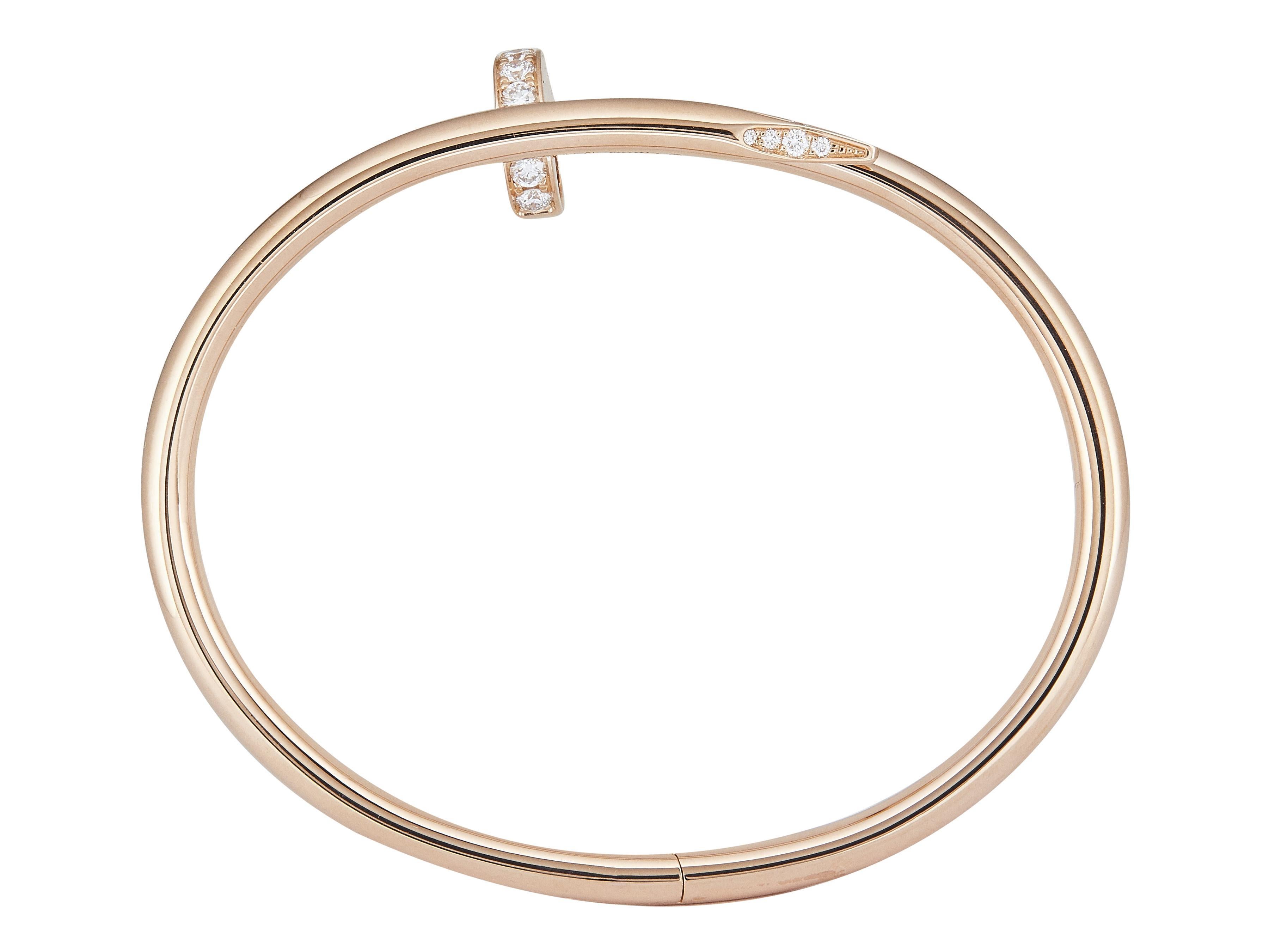The bracelet: A Cartier Juste un Clou bangle bracelet. Designed in eighteen karat rose gold set with round brilliant cut diamonds. This Classic model is a size 16. 

More on the collection: The Cartier Juste un Clou collection offers the perfect