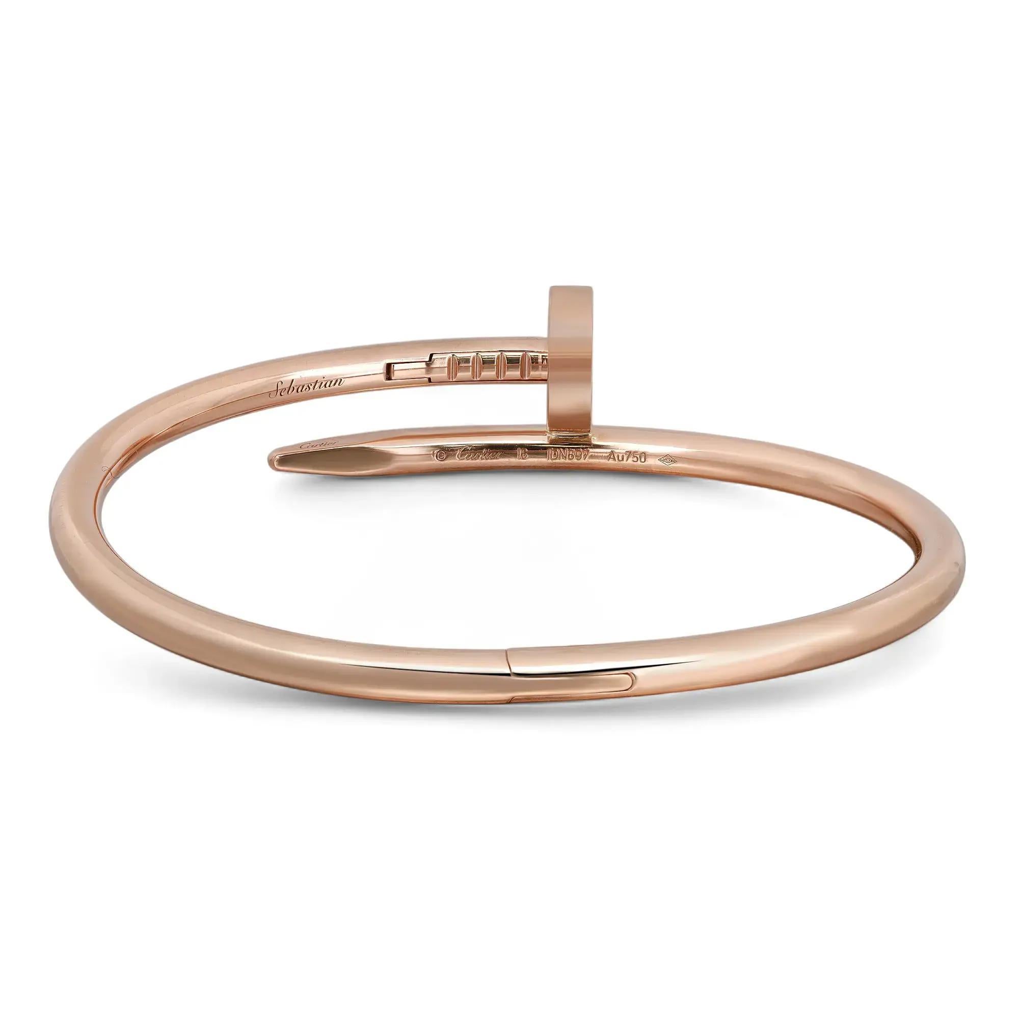 Bracciale Cartier Juste un Clou, modello classico. Realizzato in oro rosa 18k. Larghezza del bracciale: 3,5 mm. Bracciale taglia 16. Peso totale: 31,05 grammi. Ottime condizioni d'uso. Viene fornito con scatola Cartier. La carta non è inclusa. 
