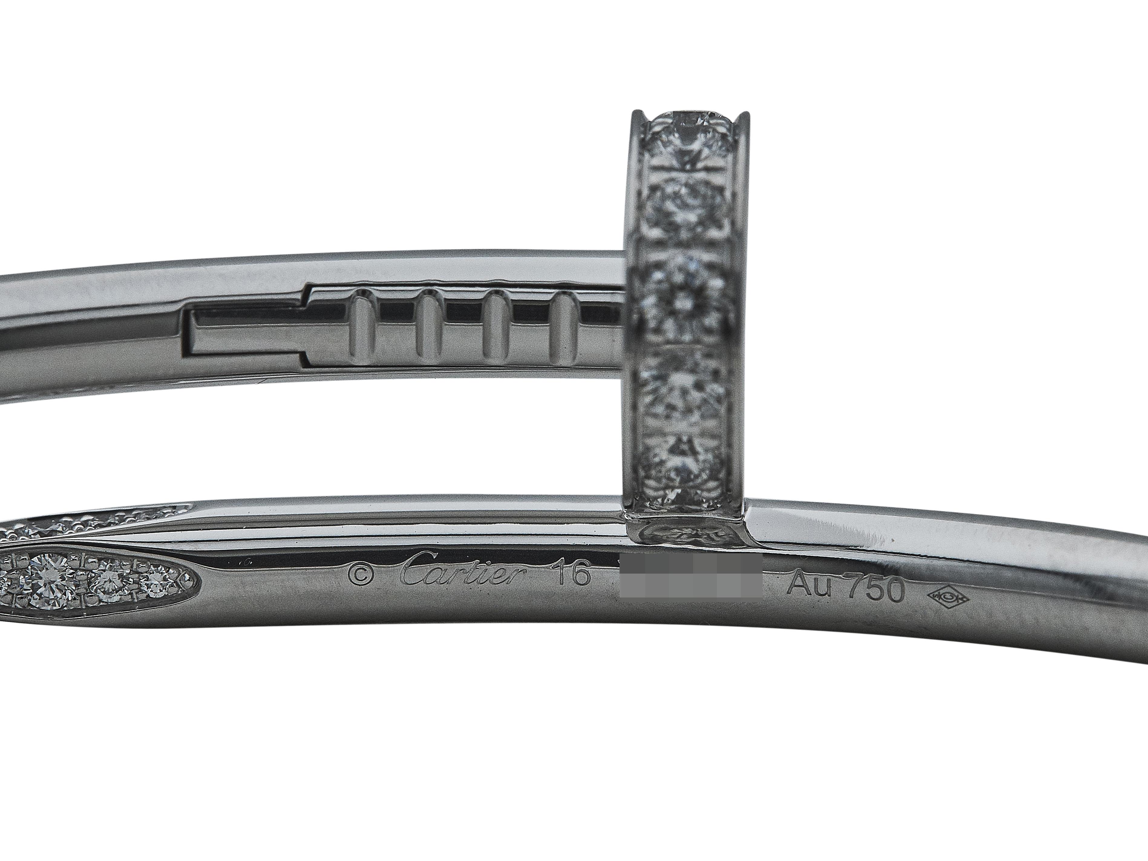 Round Cut Cartier Juste un Clou Bracelet Classic Model 18K White Gold Diamond Size 16 For Sale