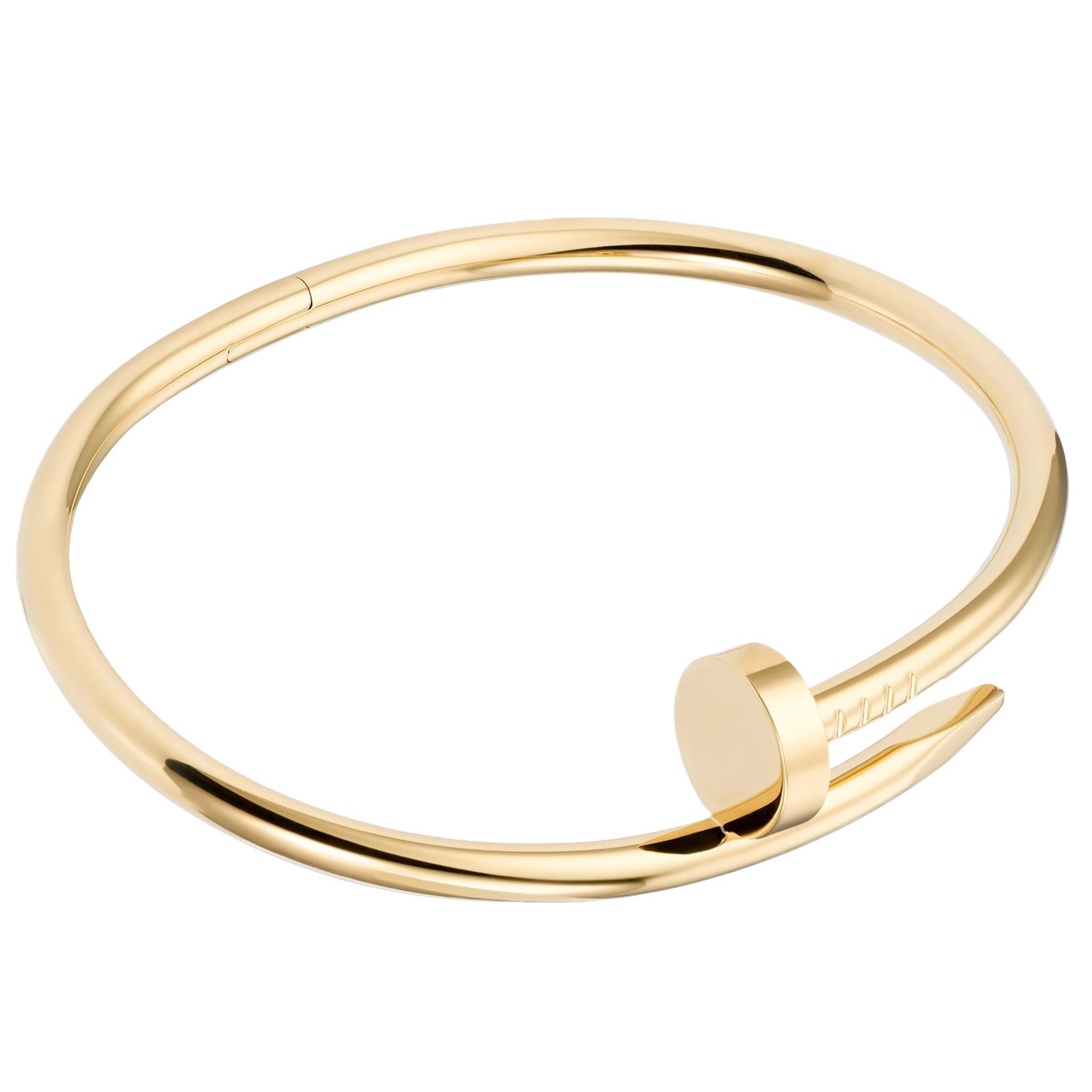 Juste un Clou bracelet, classic, 18K yellow gold (750/1000). Width: 3.5 mm (for size 15).

Details:
Brand: Cartier
Type: Classic Juste un Clou Bracelet
Material: Yellow Gold
Size: 21
Theme: Romantic, Love
Scope of Delivery: Box and Papers
Purchased