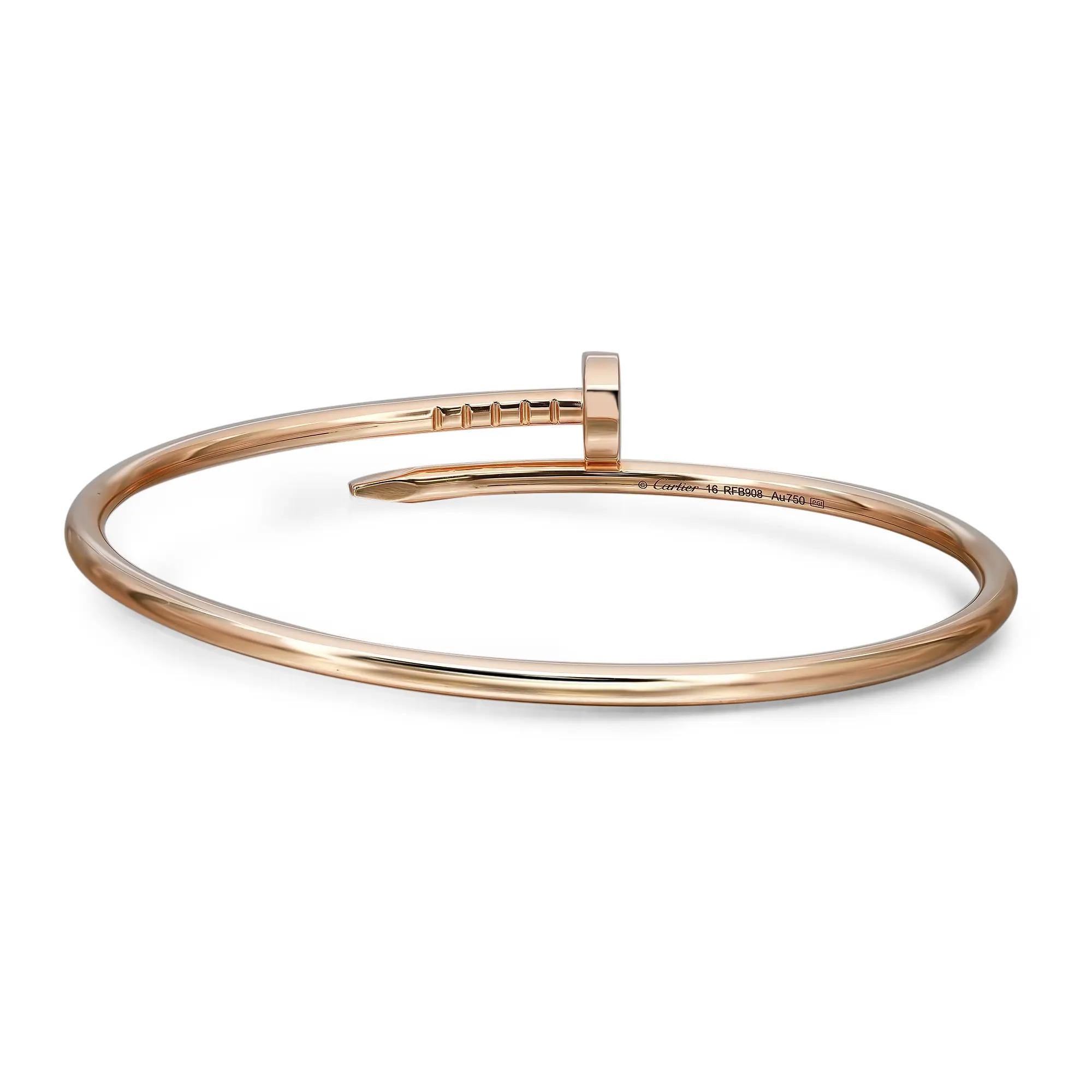 This Cartier Juste Un Clou small model bracelet in size 16. Crafted in 18K Rose Gold, signed Cartier 750. Width: 2.5mm. Cartier continues to be desired and exceptional for its sophistication and elegance with many of its truly iconic designs. This