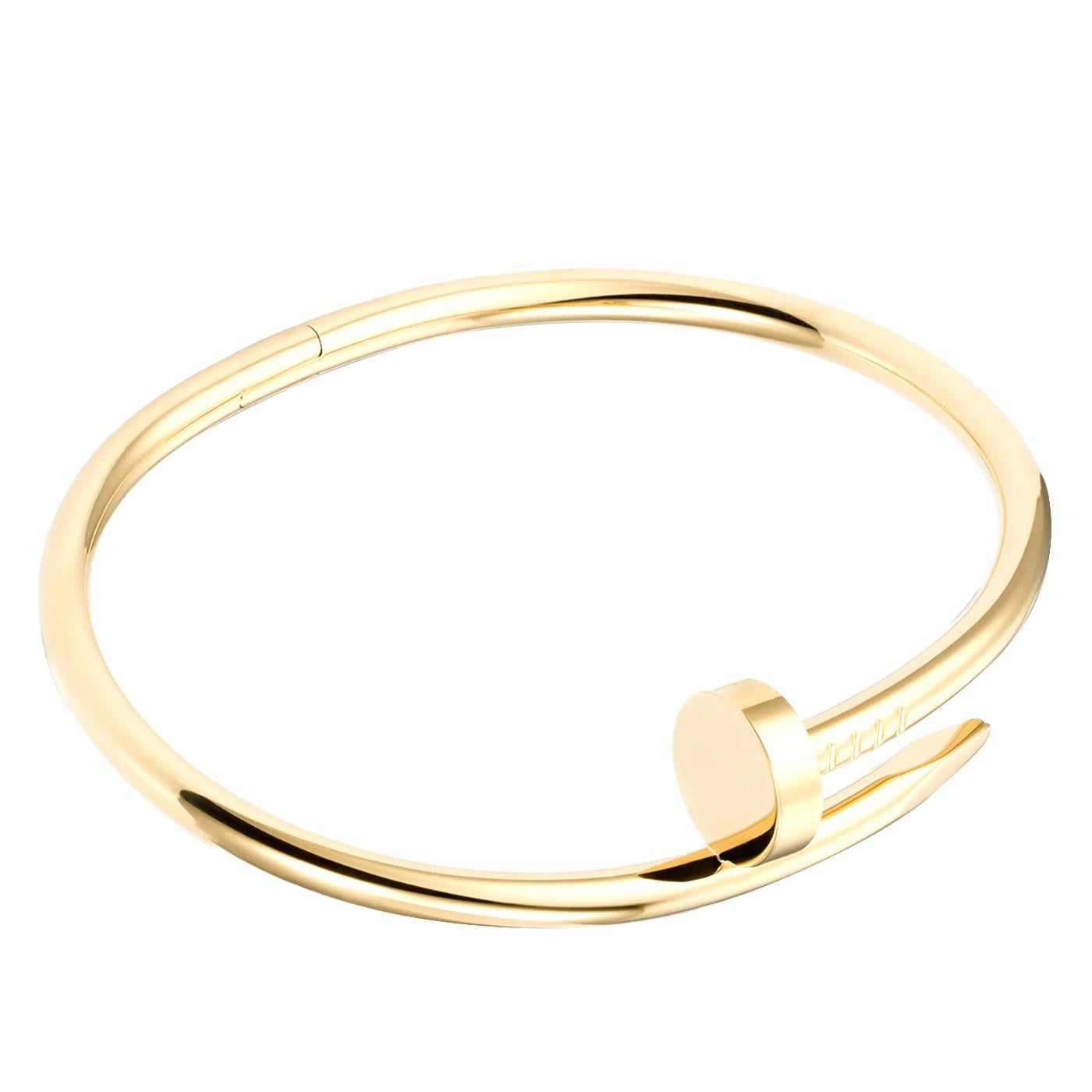 Cartier Juste un Clou bracelet, Classic, 18K yellow gold (750/1000). Width: 3.5 mm (for size 16).

Details:
Brand: Cartier
Type: Juste un Clou Bracelet
Material: 18K Yellow Gold
Size: 16
Theme: Romantic, Love
Scope of Delivery: Box and