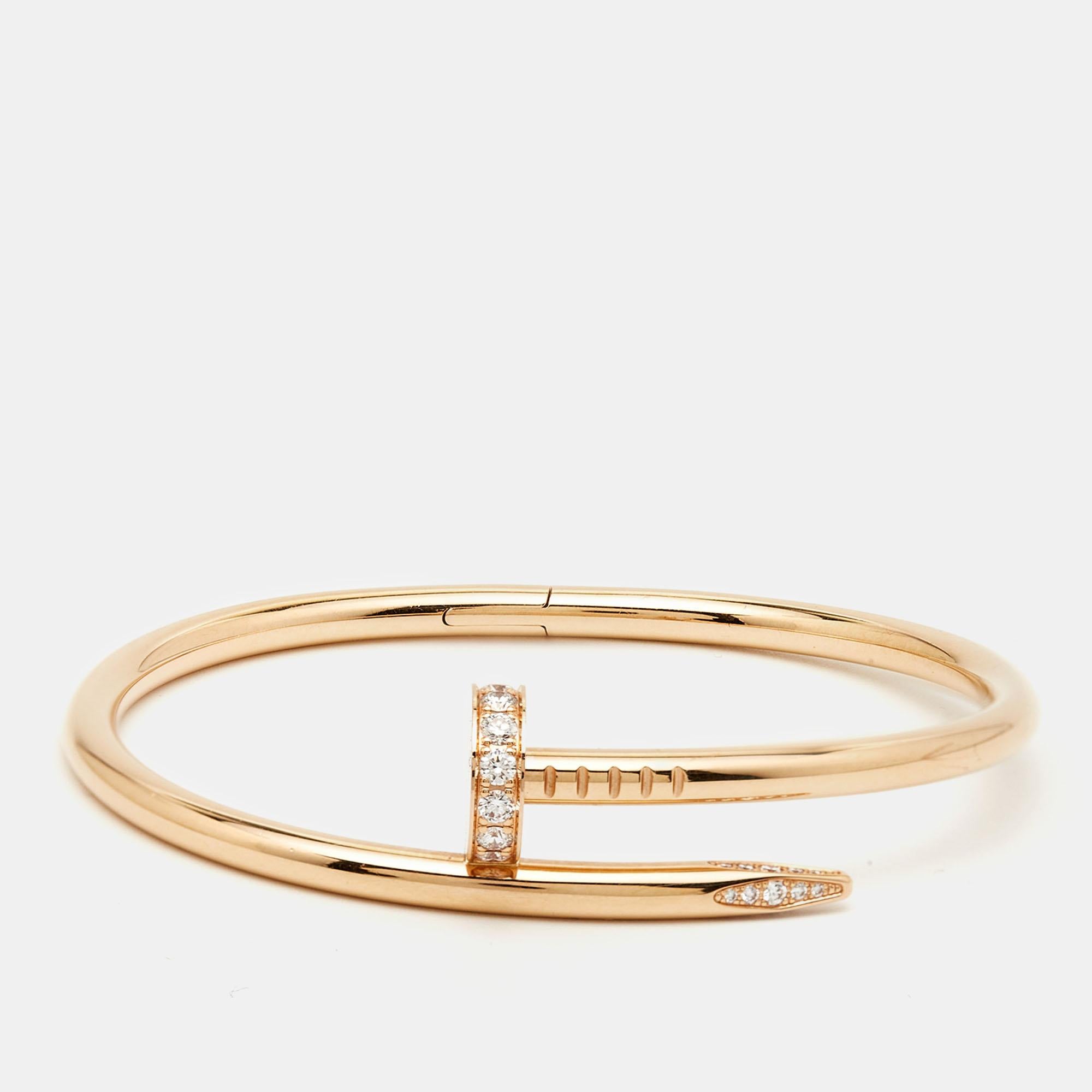 The Cartier Juste Un Clou bracelet is an iconic and luxurious piece of jewelry. Crafted from gleaming 18k rose gold and diamonds, its sleek and minimalist design captures the essence of a nail transformed into an elegant and distinctive fashion