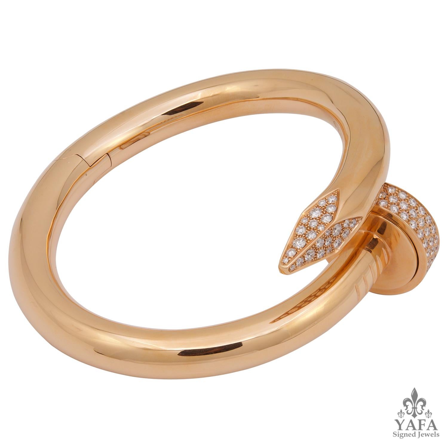 CARTIER Juste Un Clou Diamond Bangle
An 18k rose gold bracelet, set with 236 round brilliant-cut diamonds
total diamond weight is approx. 4.40 cts.
Large model size 17; width approx. 8.5 mm. (0.33″)
Signed “Cartier” and numbered