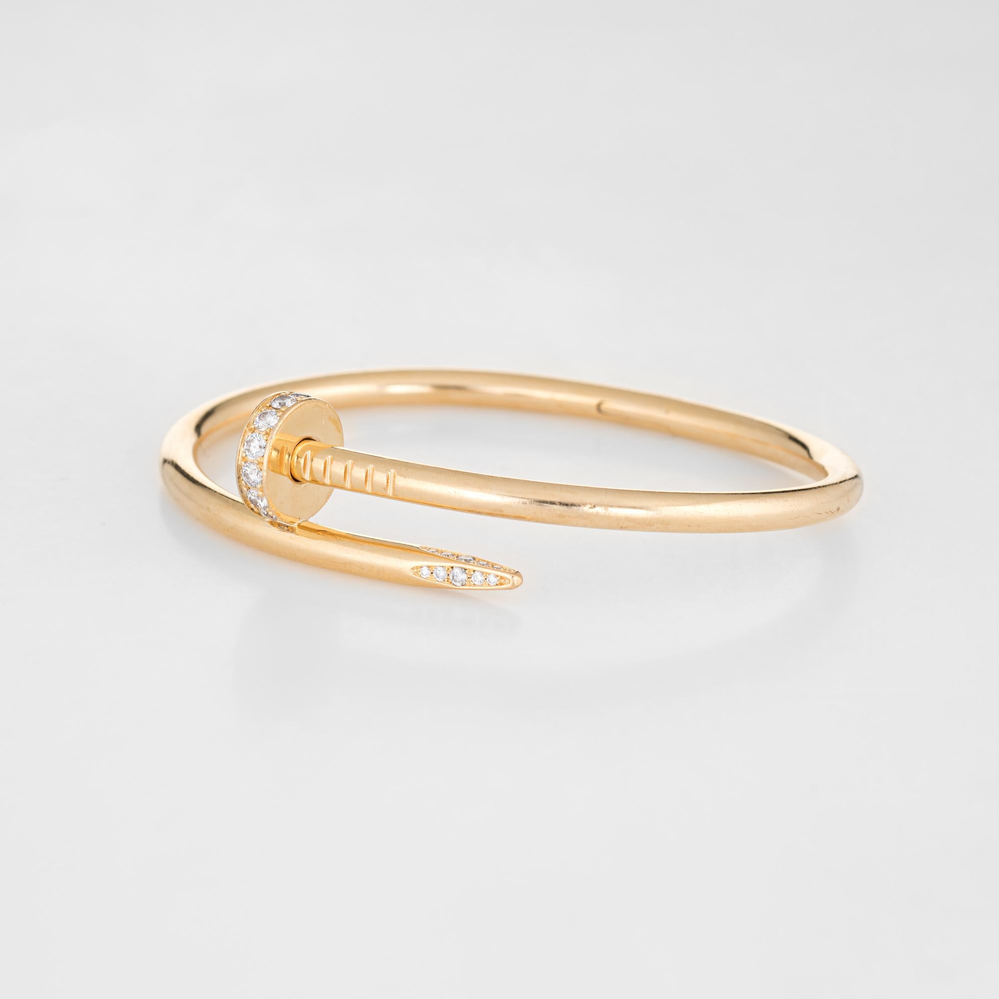 Pre owned Cartier Juste Un Clou diamond bracelet crafted in 18 karat yellow gold.  

32 round brilliant cut diamonds total 0.59 carats (estimated at F-G color and VVS2 clarity). 

The bracelet is in very good condition. No box or