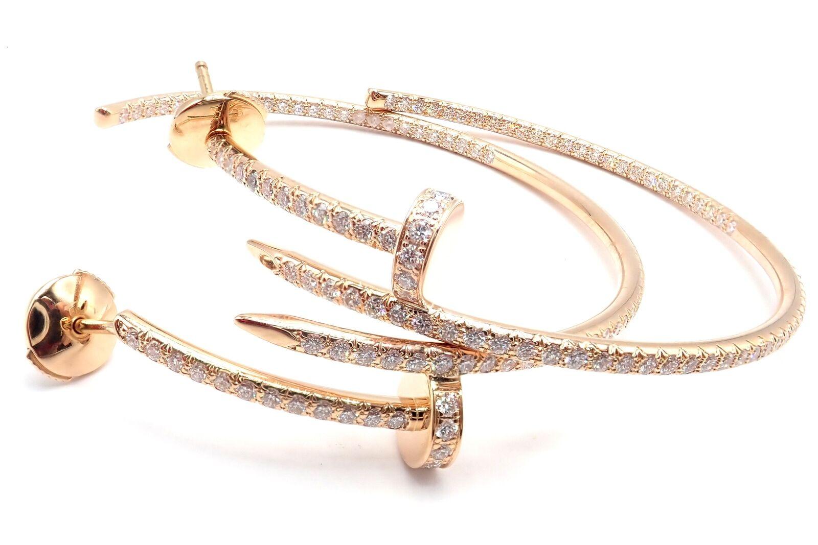 18k Rose Gold Diamond Juste un Clou Nail Hoop earrings by Cartier. 
With 176 round brilliant cut diamonds VVS1 clarity, E color total weight approximately 1.26ct. 
These earrings come with service paper from Cartier store in NYC and a Cartier