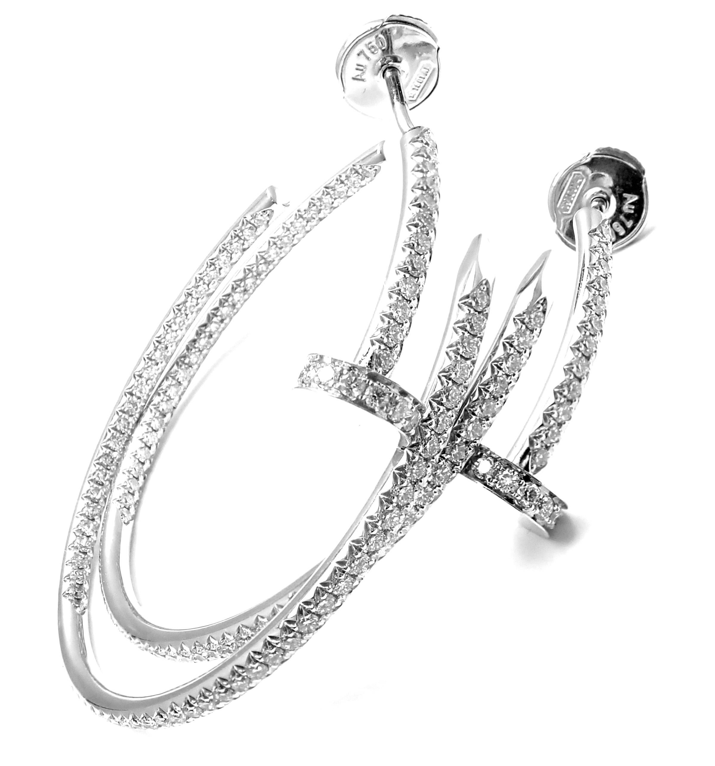 18k White Gold Diamond Juste un Clou Nail Hoop earrings by Cartier. 
With 176 round brilliant cut diamonds VVS1 clarity, E color total weight approximately 1.26ct. 
These earrings come with Cartier certificate of authenticity from Cartier store and