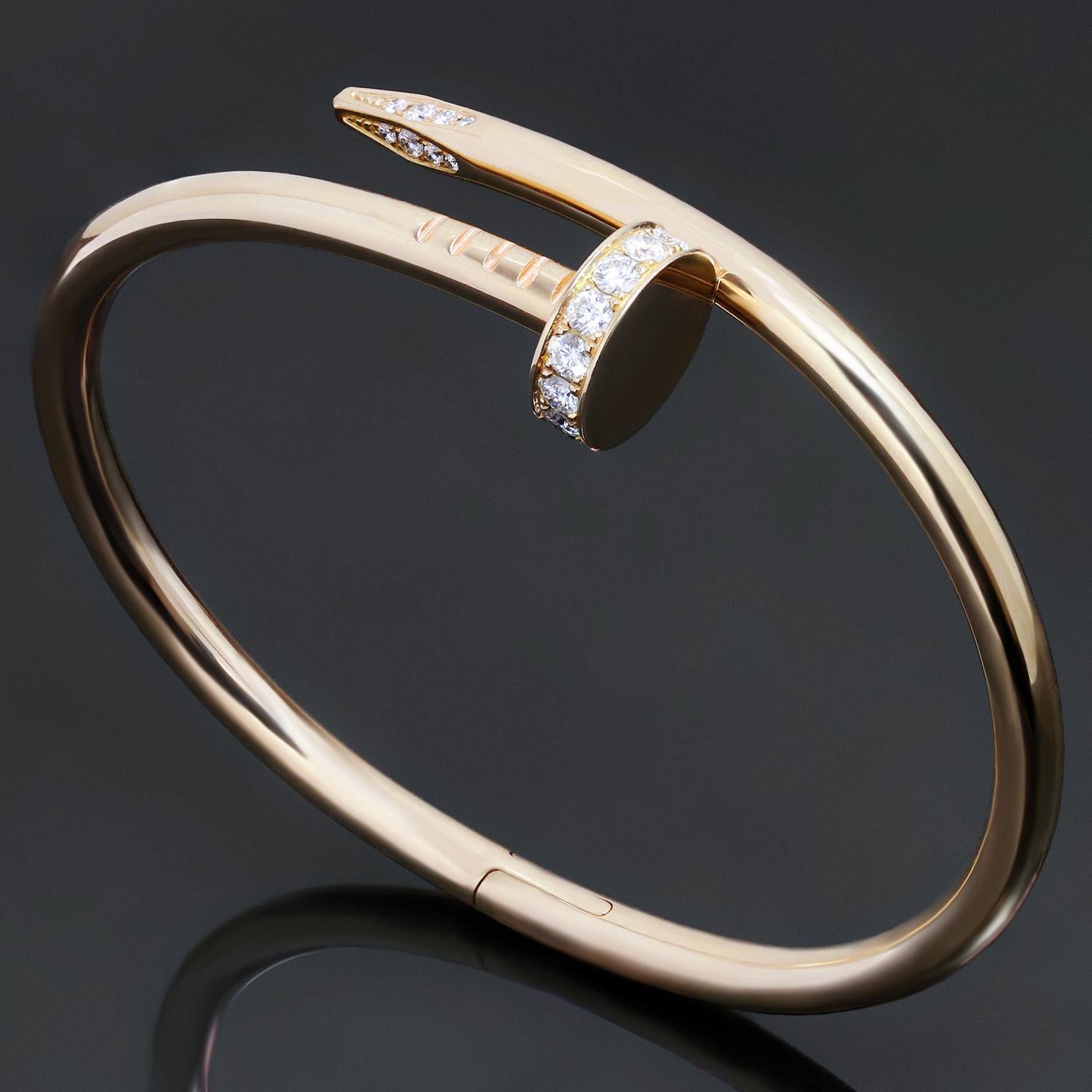 This elegant hinged bracelet from Cartier's iconic Juste Un Clou collection is crafted in 18k rose gold and set with brilliant-cut round diamonds. This bangle is a size 15. Made in France circa 2010s. Excellent condition. Comes with original box and