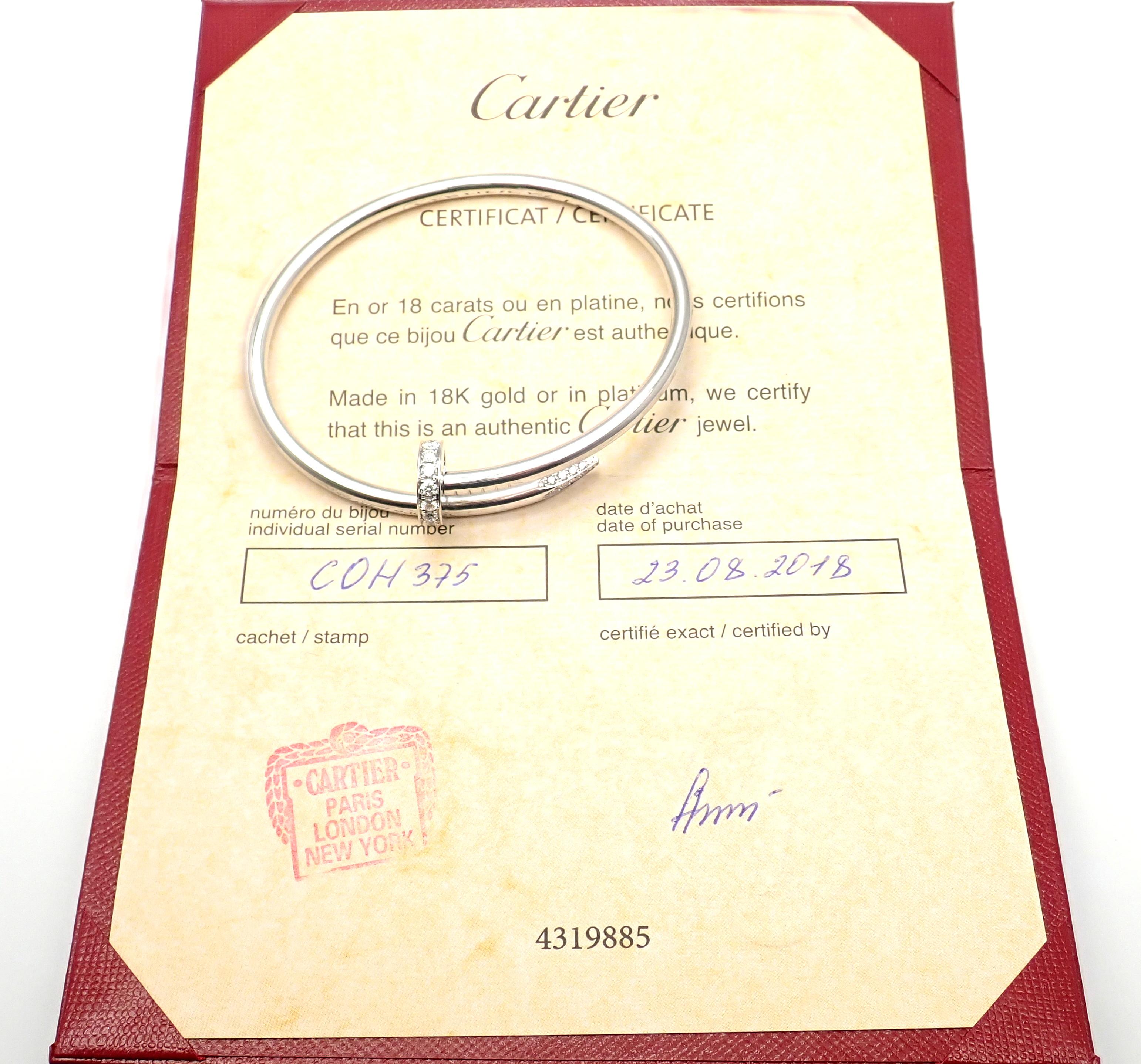 18k White Gold Diamond Juste Un Clou Nail Bangle Bracelet Size 17 by CARTIER. 
This beautiful bracelet comes with its Cartier box and Cartier certificate.
With 32 round brilliant cut diamonds E color, VVS1 clarity total weight approx.